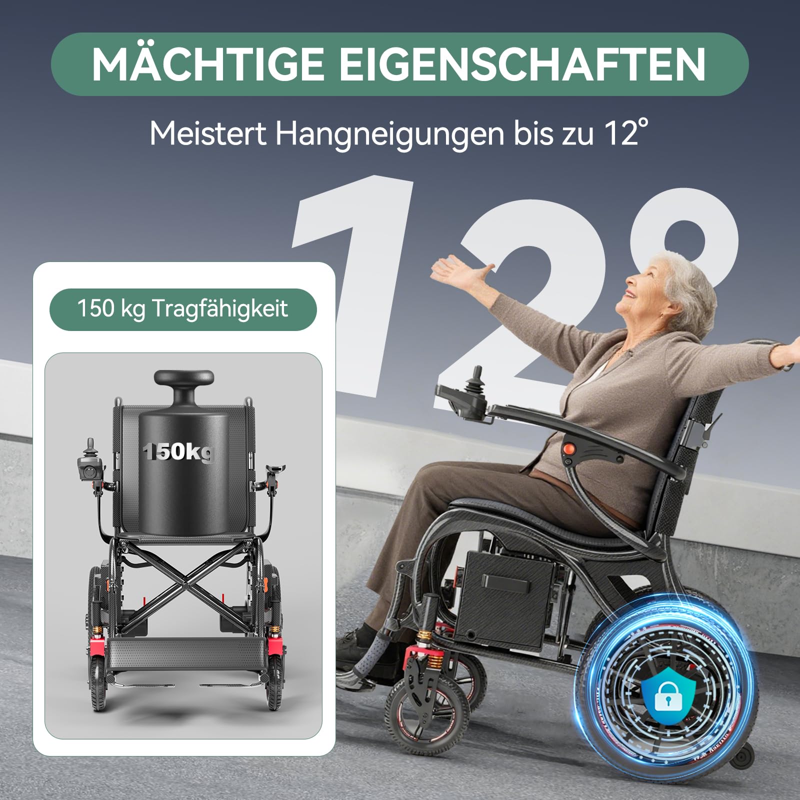 Elektrischer Rollstuhl Faltbar, Kohlefaser, 16 kg Leichtgewicht (ohne Akku), 25 km Reichweite, 150 kg Tragfähigkeit, 500W Motor, Abnehmbarer Lithium-Akku, Für Erwachsene – Ideal für Reisen & Alltag
