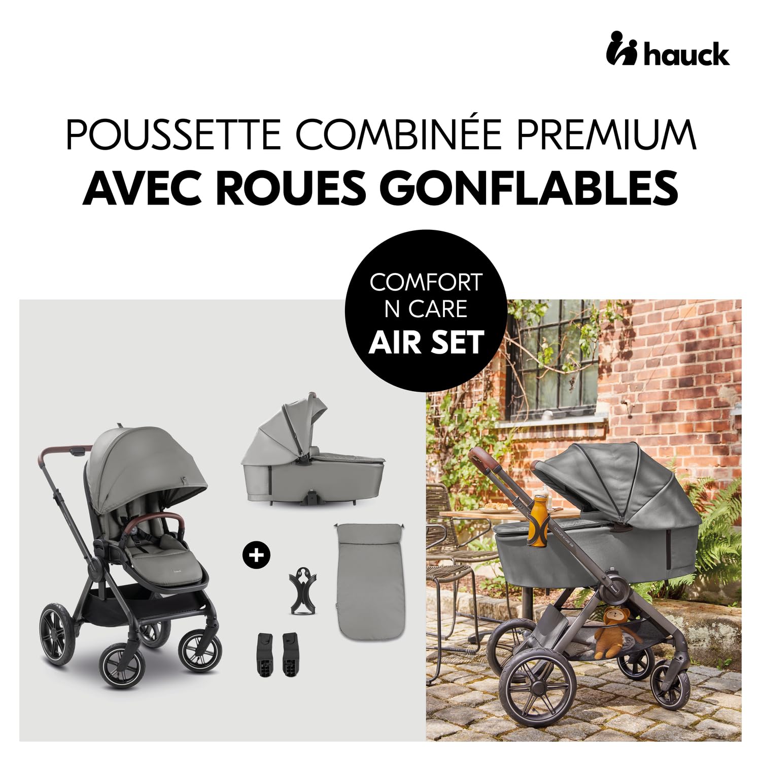 hauck Poussette 2 en 1 avec Pneus à Air Comfort N Care Air Set Dark Grey | De la naissance à 22 kg (4 ans), nacelle à boutons mémoire, siège réversible avec couvre-jambes, UPF 50+, adaptateurs cosy