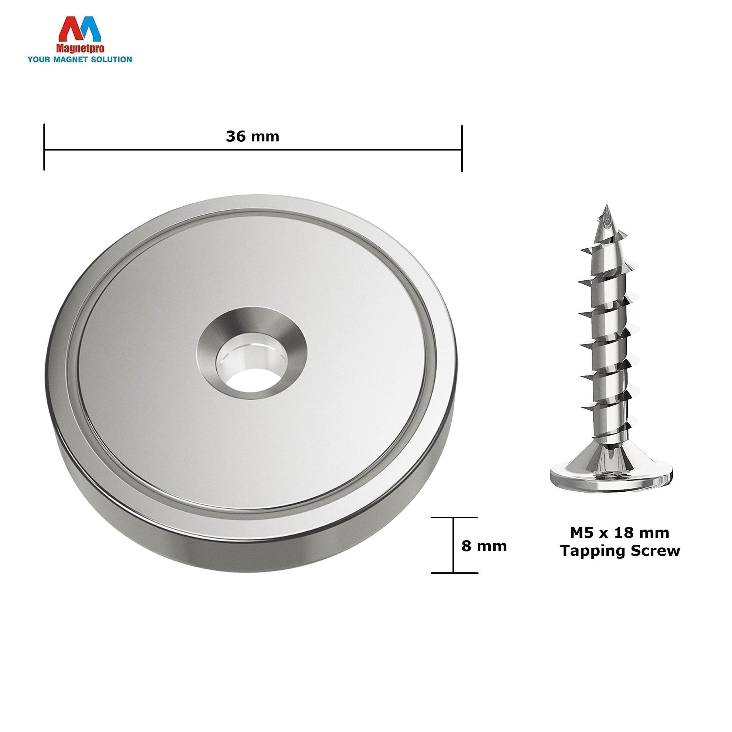 Magnetpro Magneti a disco da 6 pezzi con capsula 55 KG forza di trazione 36 x 8 mm, magnete con base in acciaio con viti