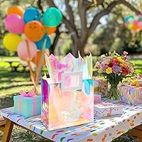 Vista 6 de VUOJUR 2 bolsas de regalo pequeñas reutilizables de 8.3 pulgadas con papel de seda - Coral e iridiscente