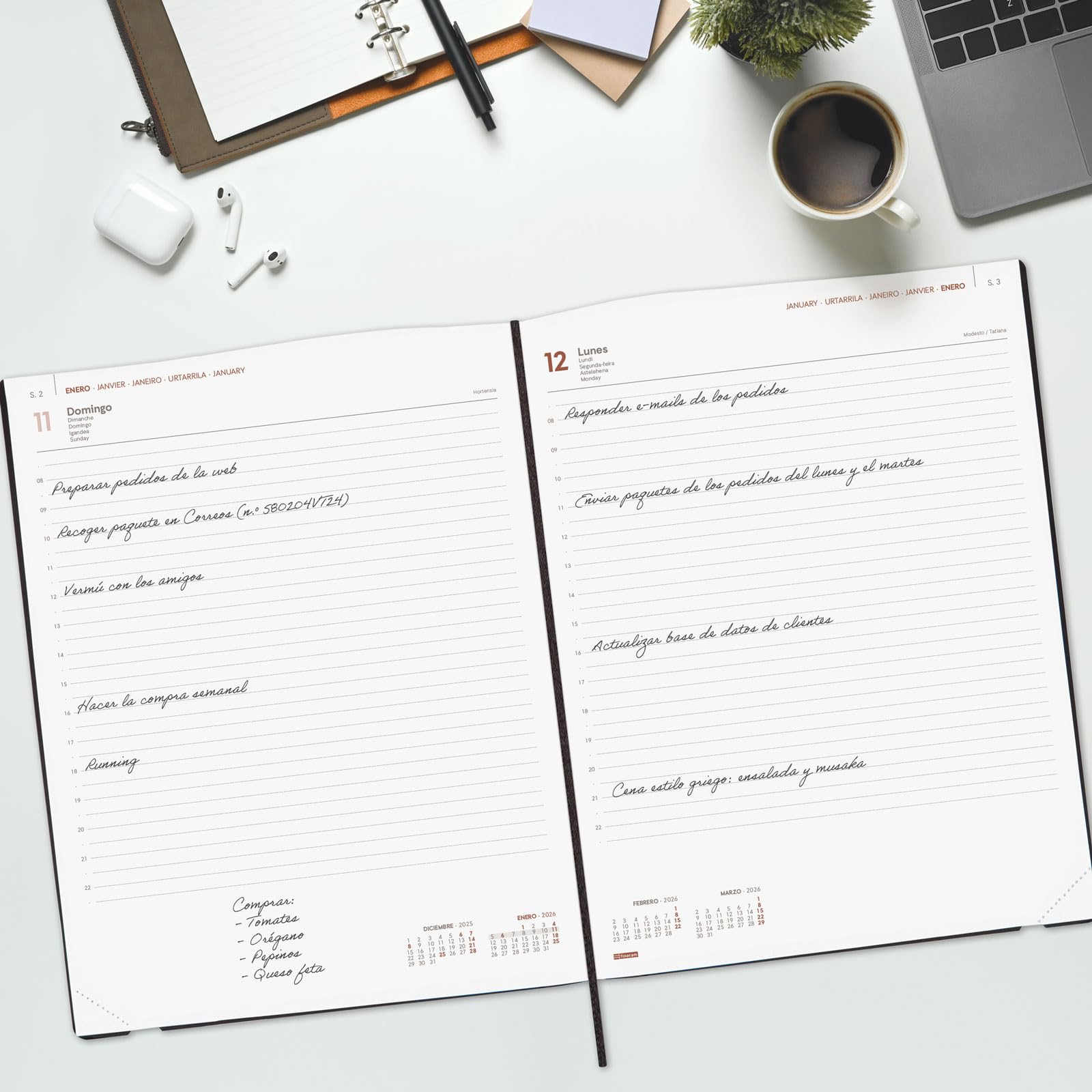 Finocam Kalender 2026, 1 Dag Per Pagina, Januari December 12 Maanden Jaarplanner Met Elastiek En Puntband Zachte Mara Omslag Zwart Catalaans 2929018088