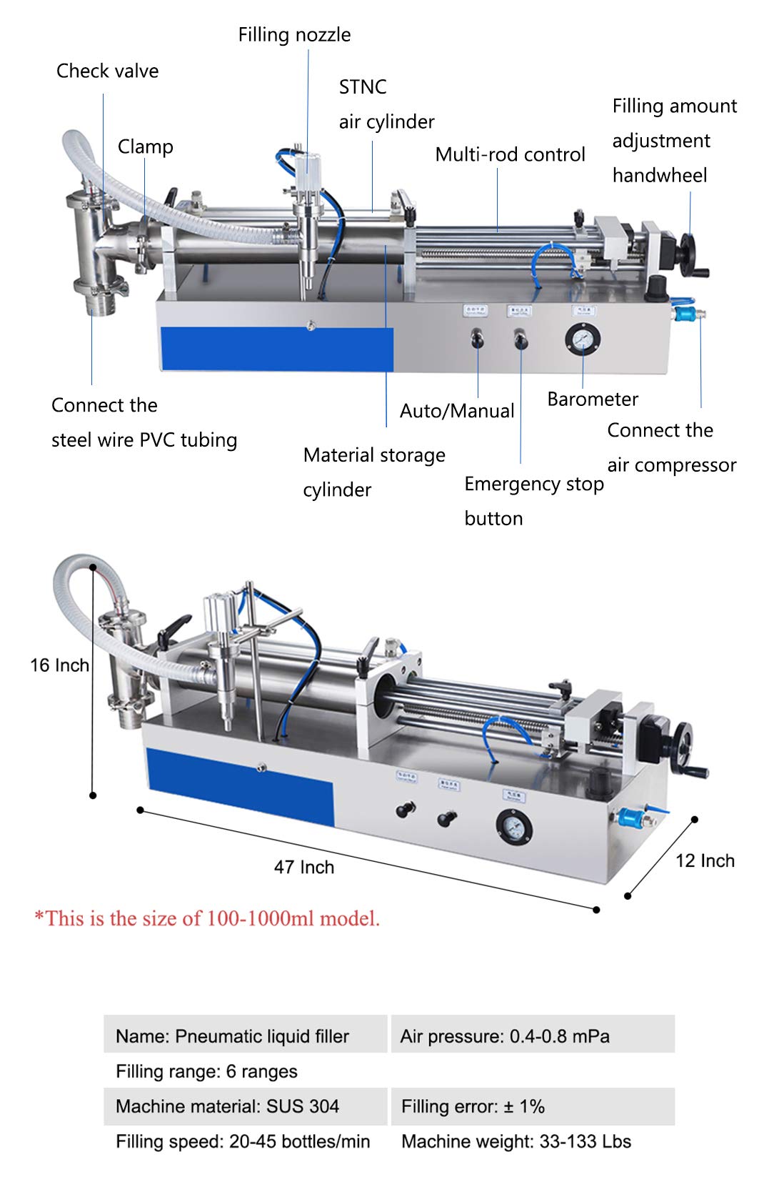 Hanchen Pneumatic Liquid Filling Machine Fully Pneumatic Liquid Dispenser Horizontal Piston Filler for Engine Oil, Honey, Laundry Detergent, Shampoo, Shower Gel (15-150ml (0.5-5 oz))