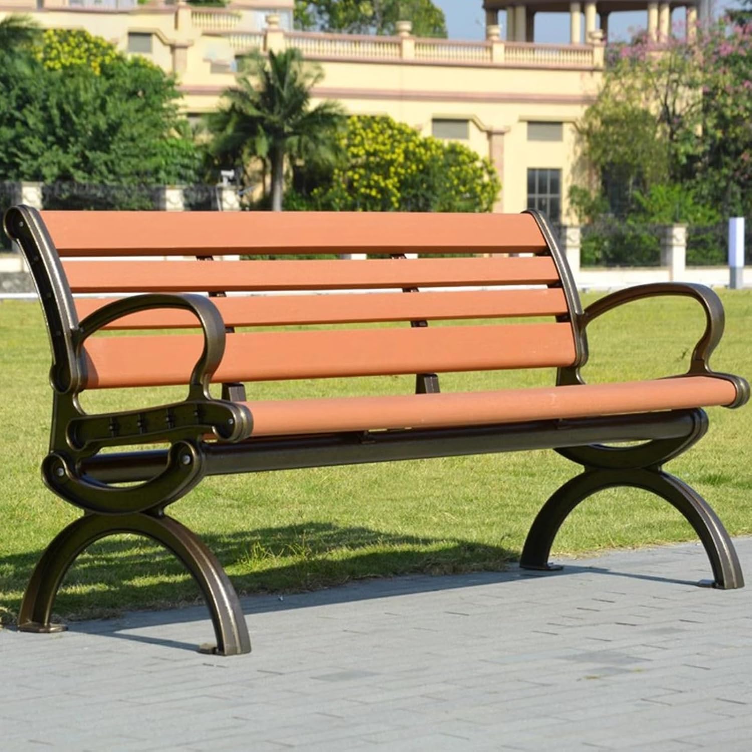 Outdoor Bench, Garden Bench with Backrest and Armrests, Metal Bench with Aluminum Frame, Park Patio Bench for Balcony Poolside Porch(Gray)