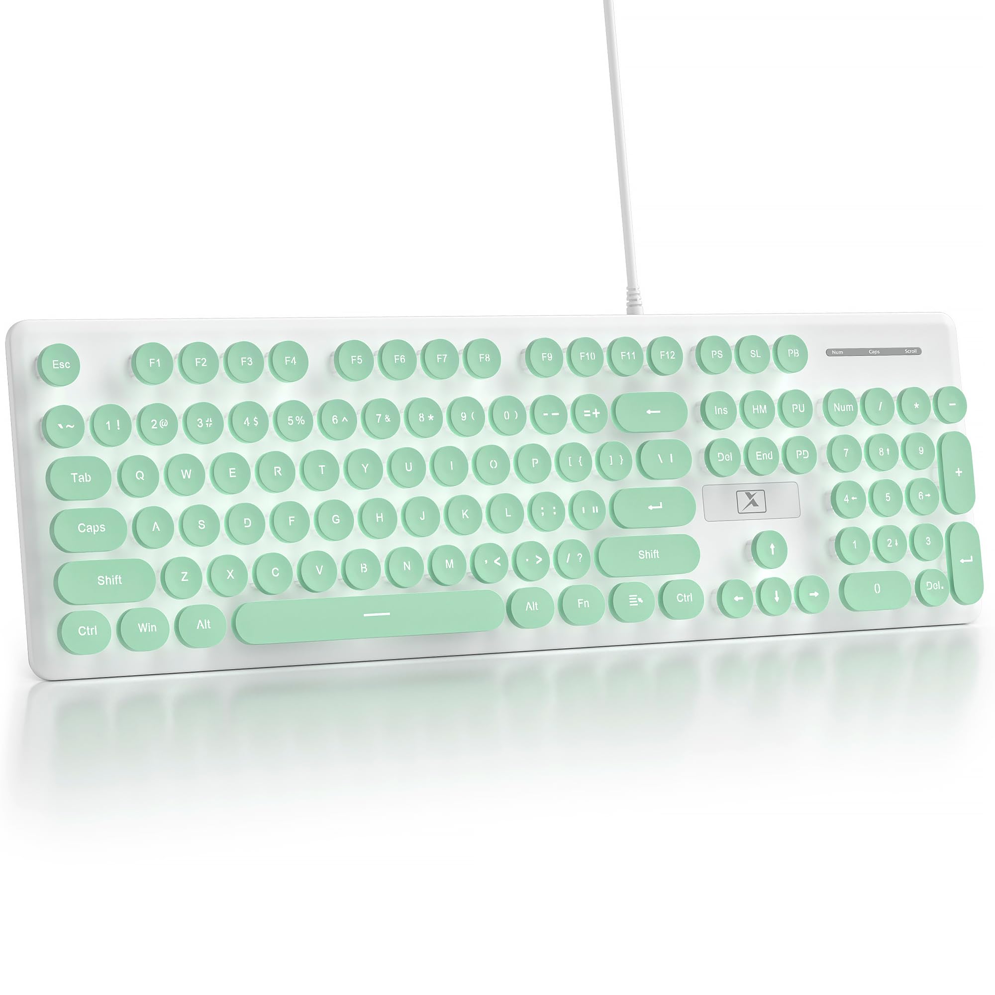 Fogruaden Wired Computer Keyboard, Quiet Full Size Membrane Keyboard, Retro Typewriter Style Round Key, Light Up, Green Cute Keyboards, White LED