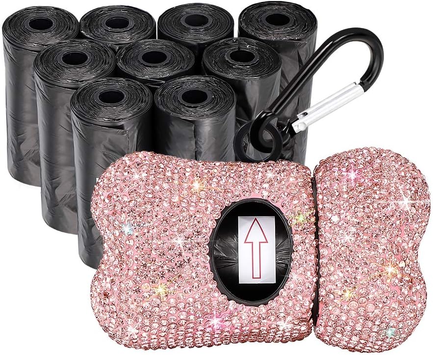 SAVORI Dog Poop Bag Holder Bling Rhinestone Poop Bag Leash Dispenser for Pet Dog