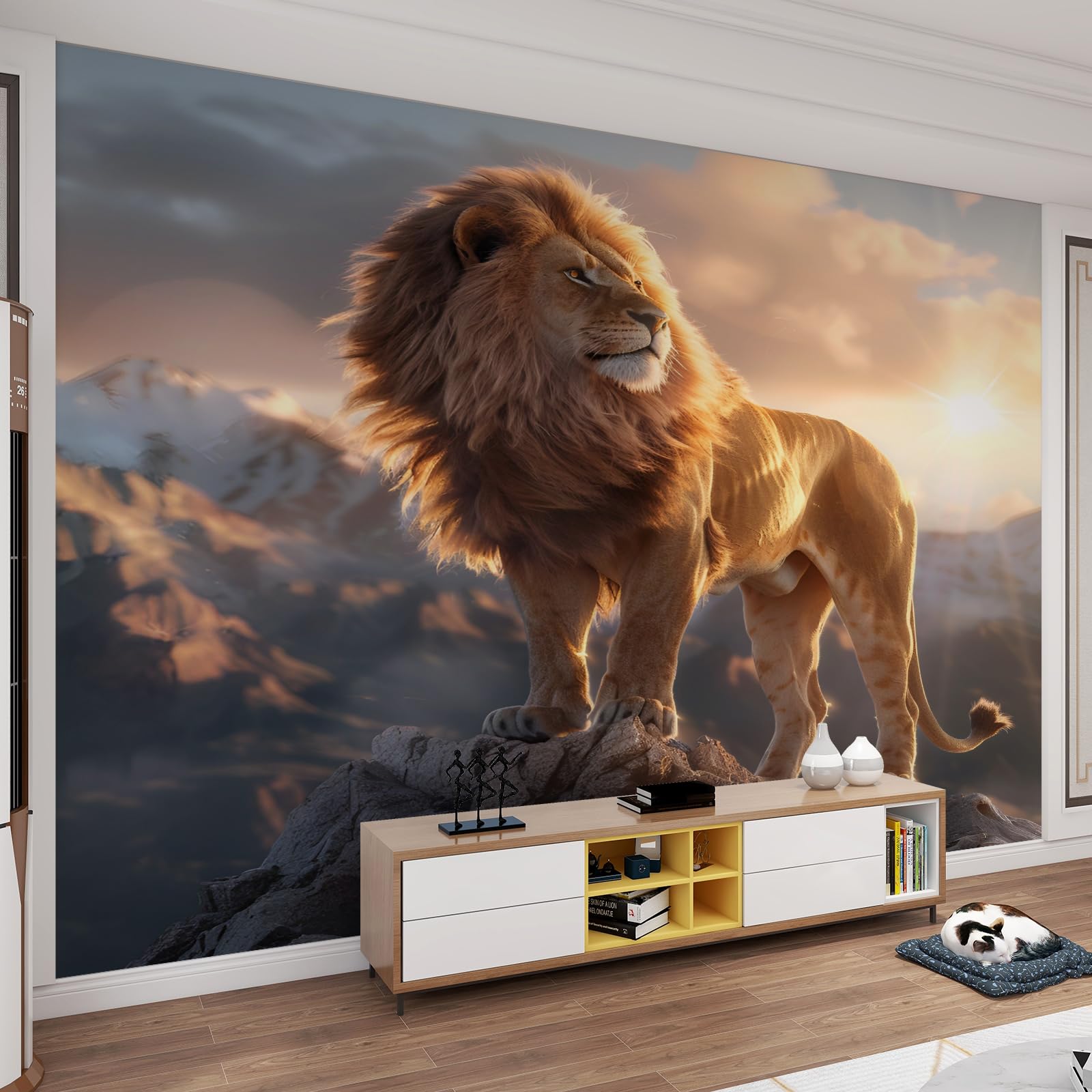 Papier peint 3D lion pose facile sans bulles pour cuisine et salon