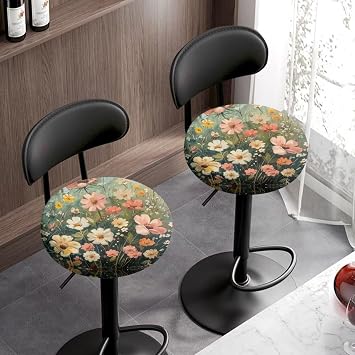 Wild Flowers Round Stool Covers Set of 2, Stretch Soft Fabric Bar Stool Covers Round Washable Stool Cushion for 12-14 Inch Chair Bar Stools Washable Round Stool Cushion Covers