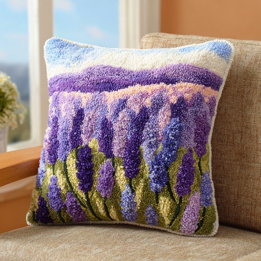 Henypt Easy Beginner Latch Hook Pillow Kit 43x43cm,Lavender Flowers Needlework Cushion Set Pre-Printed Canvas and Tool Included,Simple Sofa Decor Project