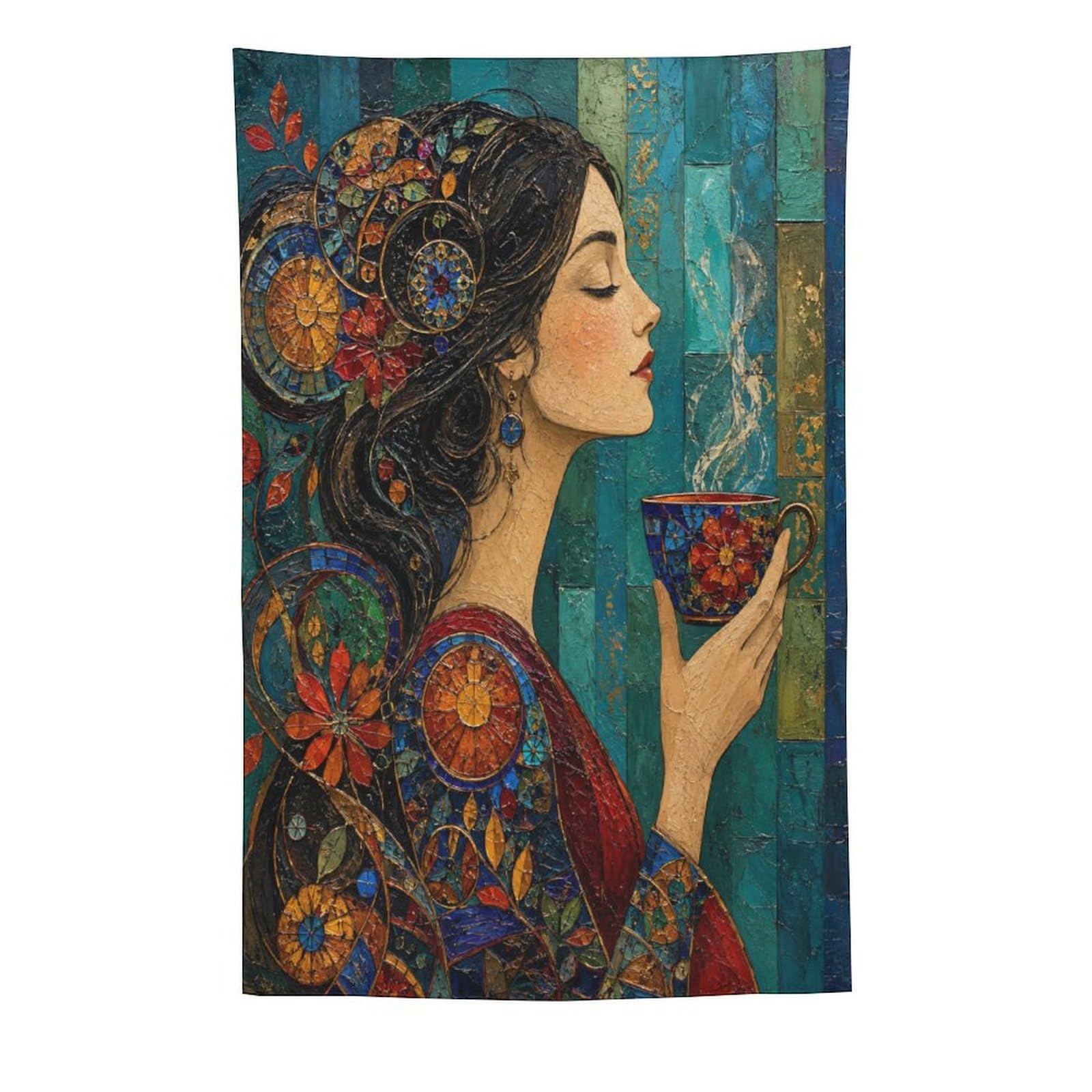 W7C8U2X3 Woman with Teacup Wall Tapestry, Mosaic Style, Sofa Area