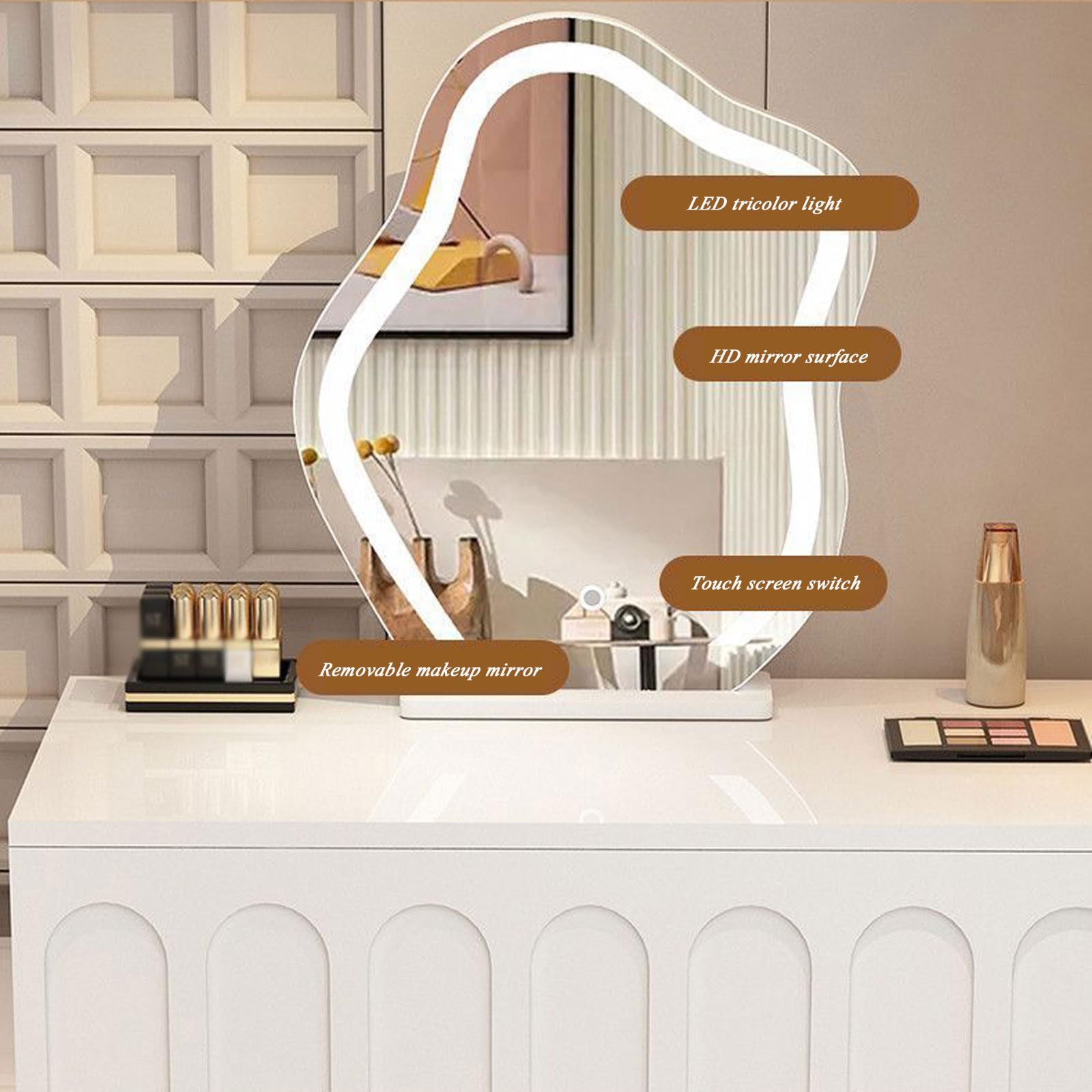 Set da scrivania oderno con cassetti e specchio, tavolo da trucco per