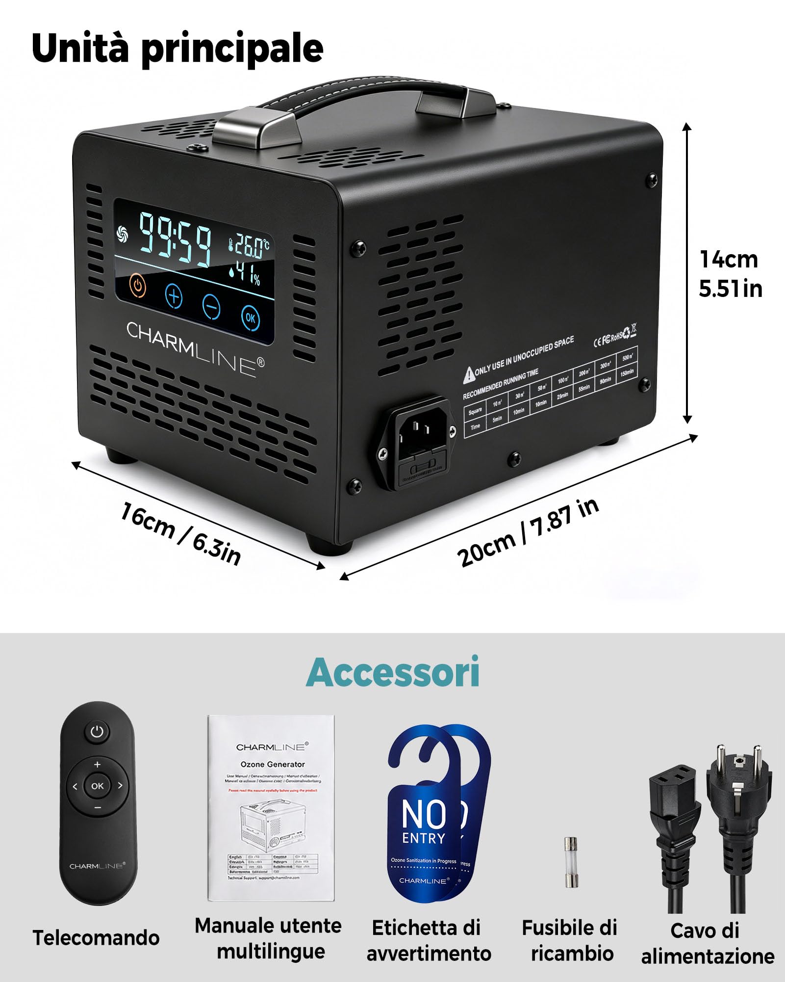 Charmline generatore di ozono smart per eliminazione odori in stanze, auto, aree animali e cantine, macchina ozono con telecomando, generatore ozono per casa fino a 500 m², 60.000 mg/h, Nero