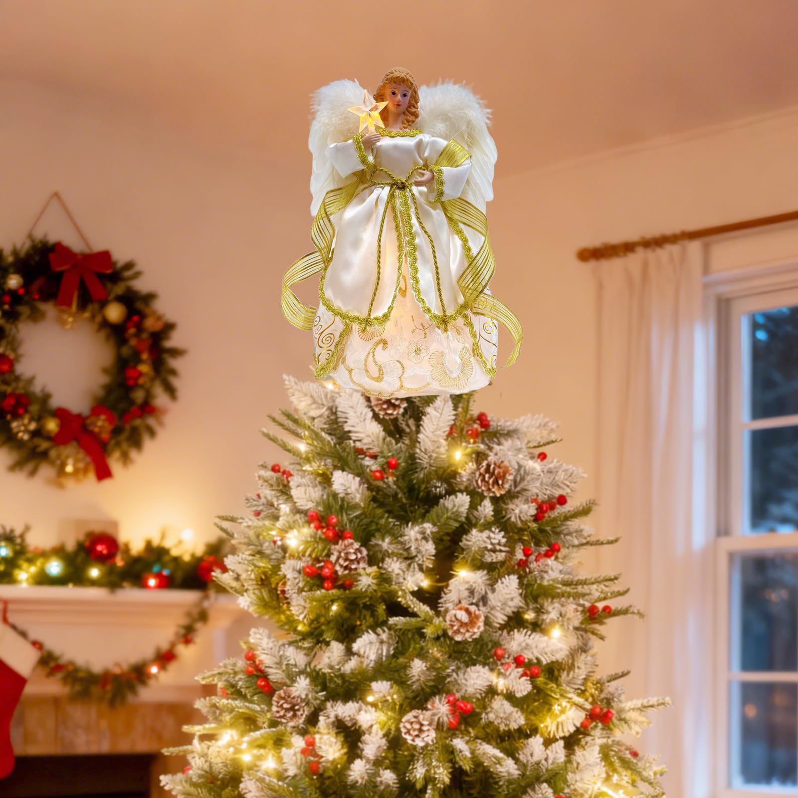 Cimier de sapin de Noël avec lumières 8 modes et minuterie, 30,5 cm, avec télécommande, fonctionne à piles, ailes en plumes blanches et étoile lumineuse