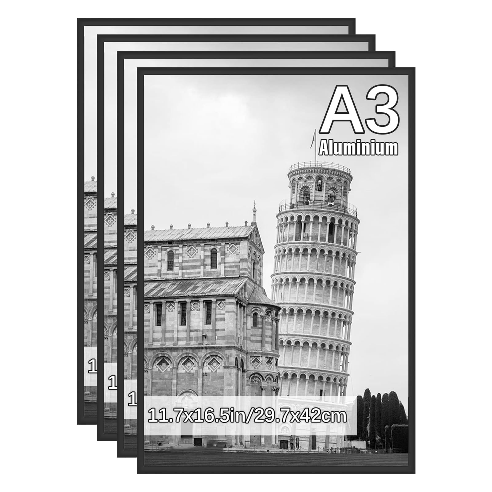 Marco de fotos A3, marco de aluminio negro con Cristal de plástico de alta resolución, marco de póster de pared para decoración del hogar, 29,7x42cm, set de 4