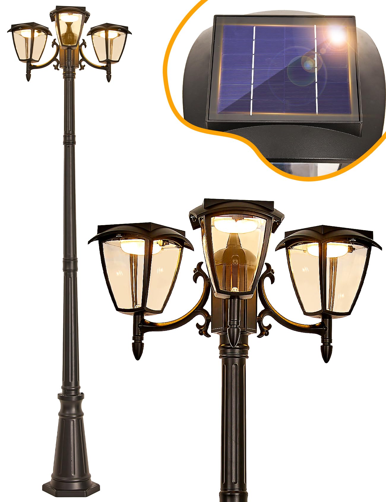 Solar Powered Outdoor Post Light 3-Headed Lamp Post 82.7" H Dusk to Dawn Sensor Pole Street Lamp 3 Light Outside Lamp Post Light IP65 Waterproof Exterior Street Light fixture for Column Yard