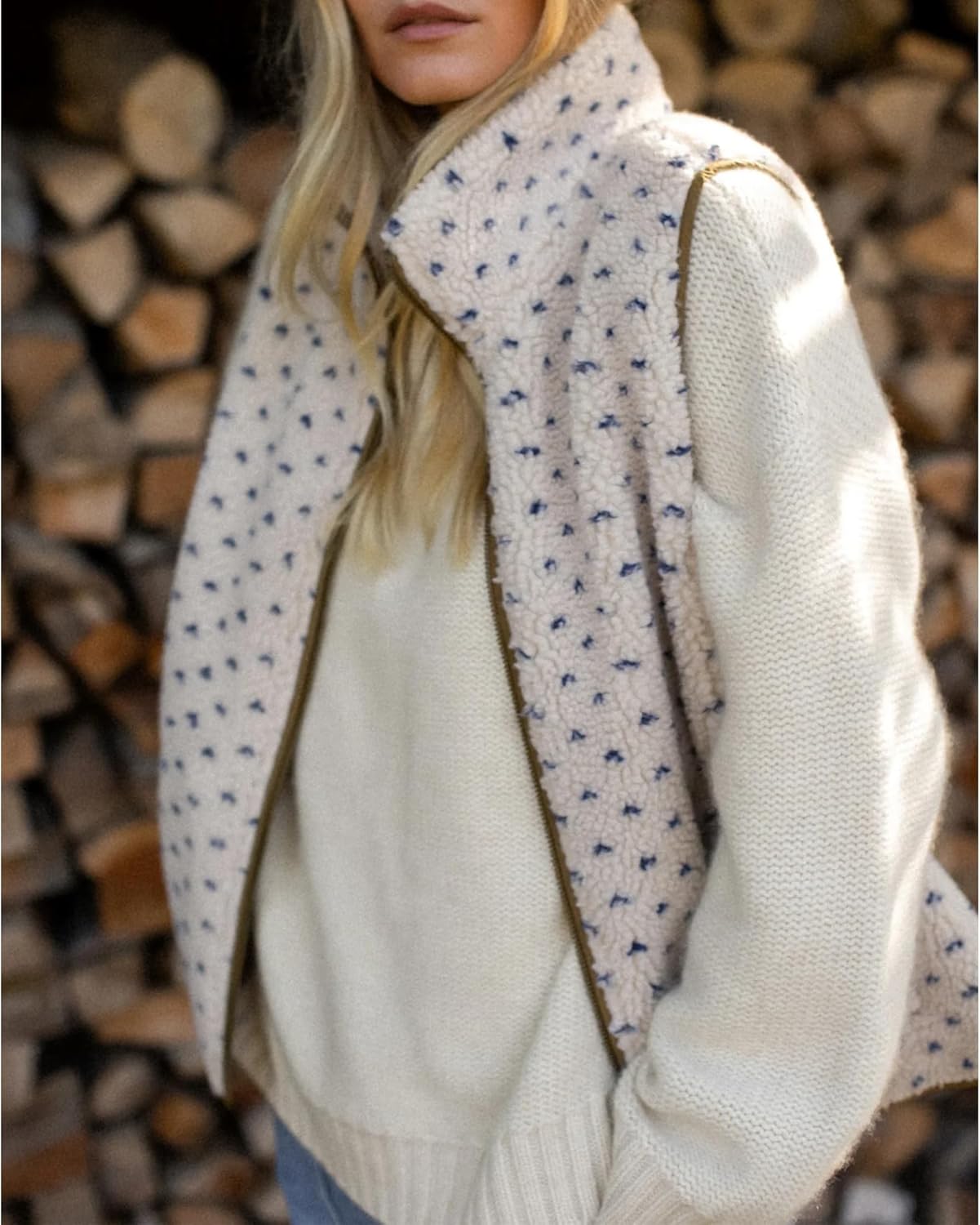SeeLuNa Fleece Vest Women Mock Neck Polka Dot Sherpa Vests Full Zipper Fuzzy Jacket Oversized Gilet Outerwear with Pockets