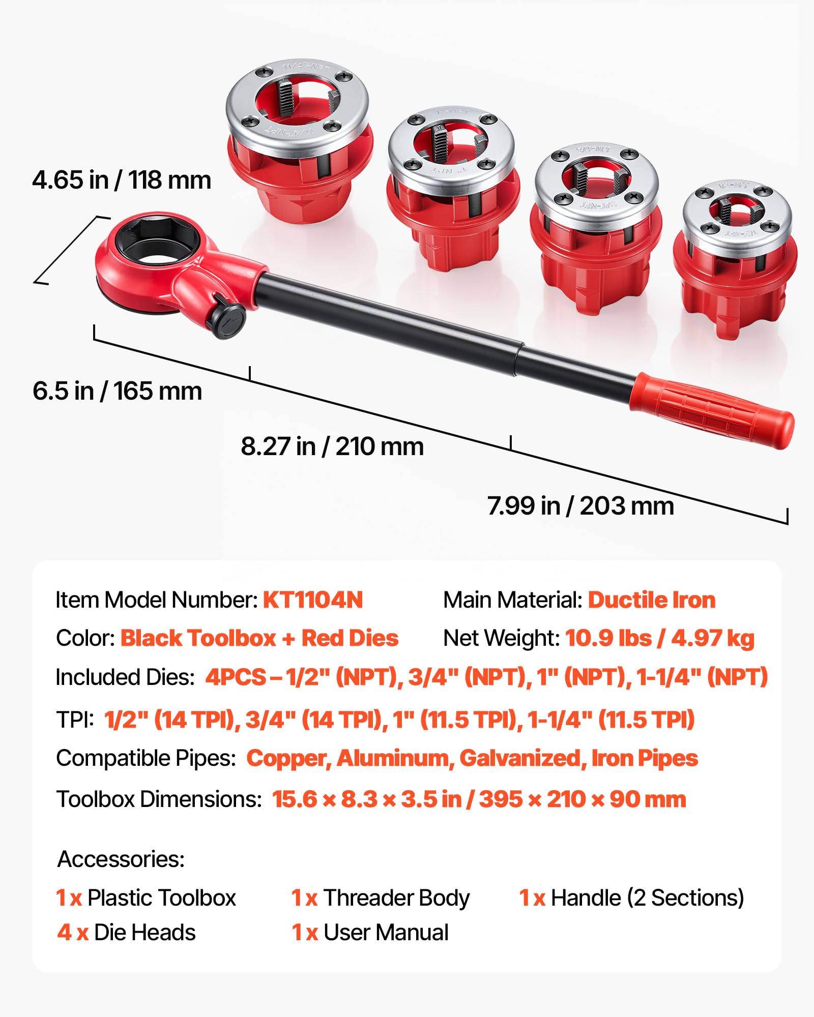 VEVOR Kit Filettatrice per Tubi a Cricchetto con 4 Filiere, 1/2", 3/4", 1", 1-1/4" NPT, Filettatrice Manuale per Tubi, Impugnatura Comoda, Valigetta Portatile per Installazione e Riparazione Idraulica