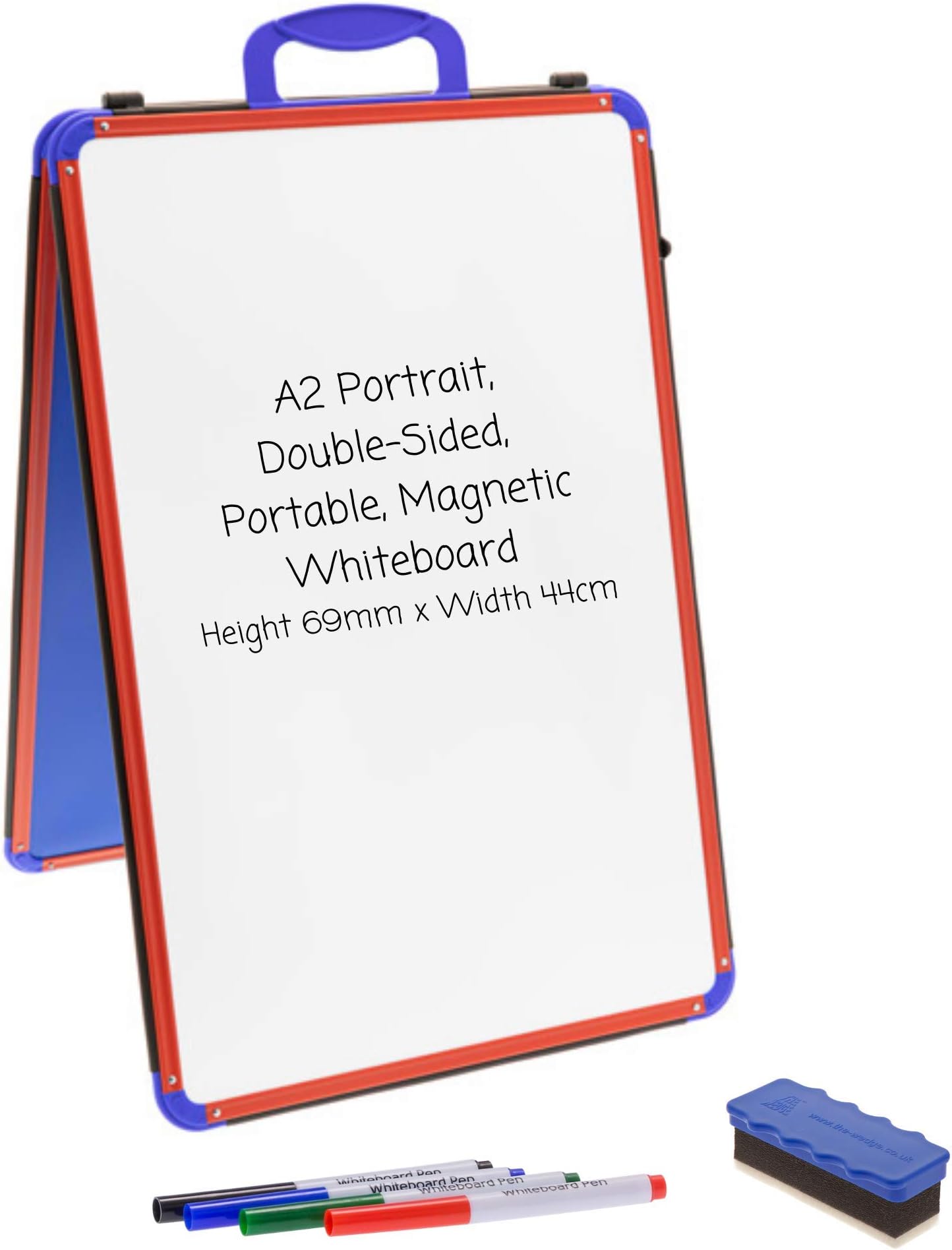wedge A2 Magnetic Dry-Wipe Portable Desk Top Whiteboard, Folds Flat, with Carry Handle – for Schools and Home Learning (Portrait, Red & Blue)