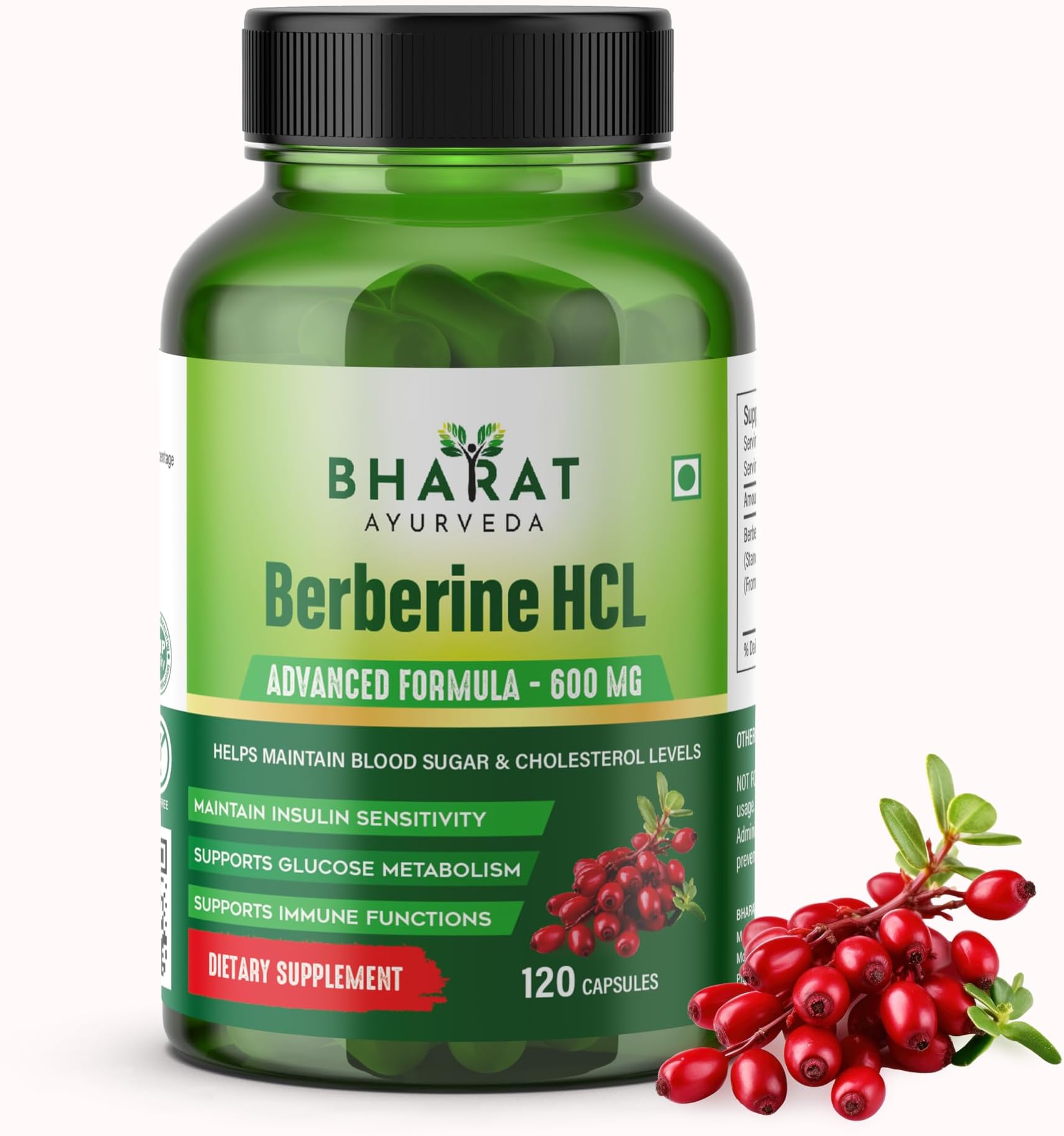 Berberine HCL 600mg Capsules – Herbal Supplement with Barberry Extract for Metabolism, Insulin Sensitivity & Antioxidant Support – Ayurvedic Formula, 120 Capsules