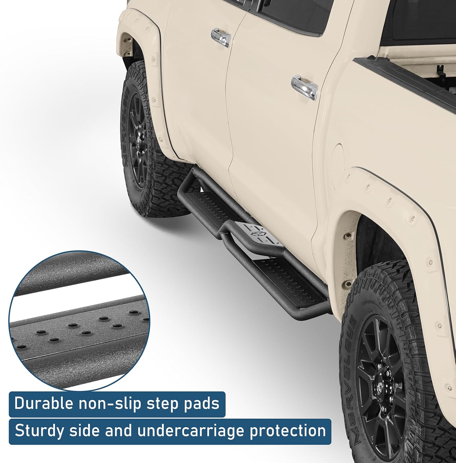Hooke Road Tundra Running Boards Two-Stair Side Step Nerf Bars for 2007-2021 Toyota Tundra CrewMax (4 Full-Size Doors), 7.3" Wide Non-Slip Step Tubular Rock Sliders