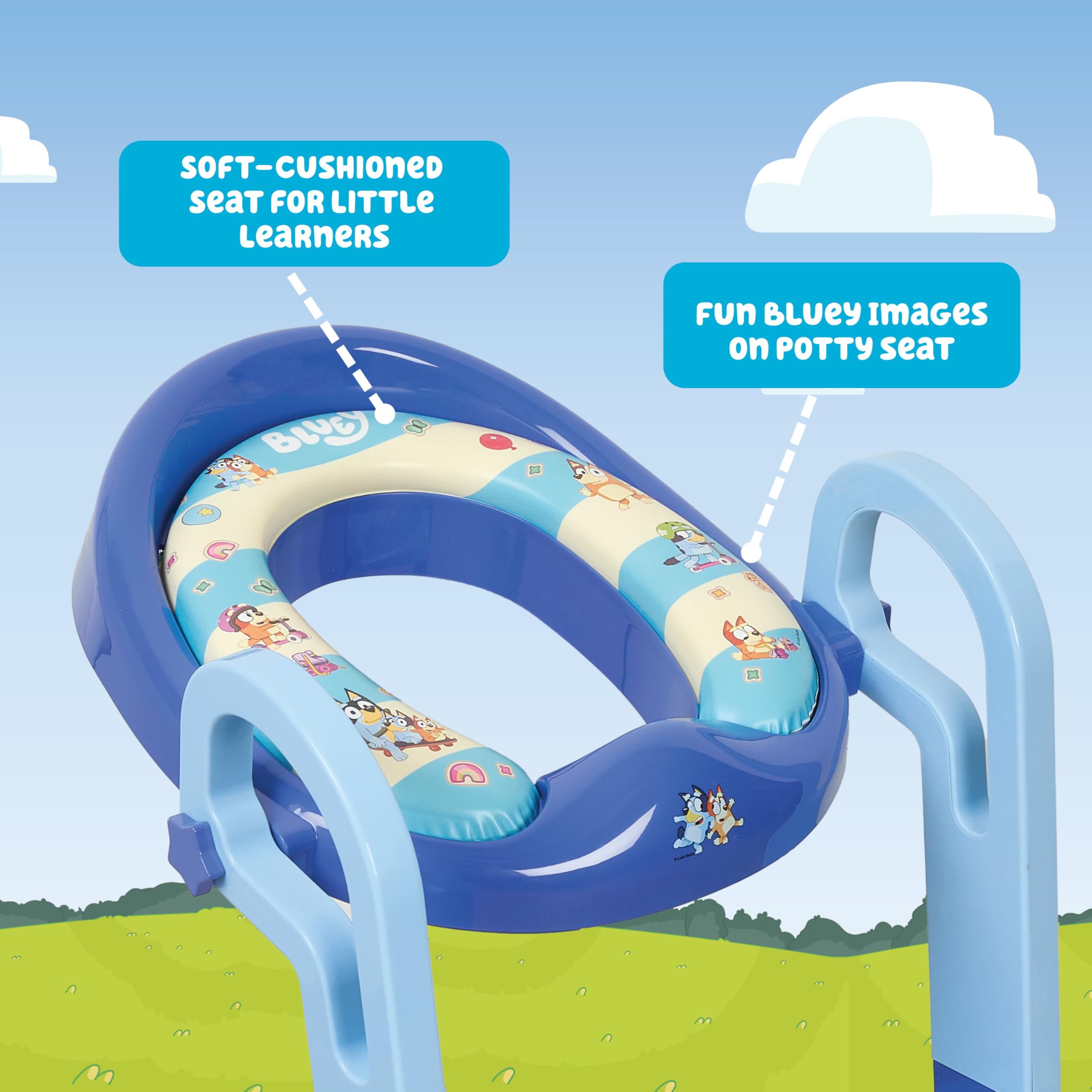Bluey Step & Sit Töpfchentrainer; sichere Leiter für kindersichere Kletterungen zum Töpfchen; lustige blaue Bilder auf gepolstertem Töpfchensitz; verstellbare Leiterhöhe; abnehmbarer Sitz zur