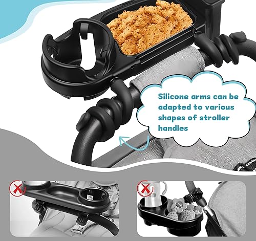 Miniatura 7 de Bandeja universal para refrigerios para cochecito, bandeja universal 3 en 1 para cochecito con soporte para teléfono con 2 ganchos, flexible con