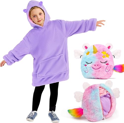Miniatura 1 de G.C Peluche de unicornio 2 en 1 y sudadera con capucha, regalos de unicornio para niñas, juguetes de unicornio arcoíris, almohada suave, regalo de