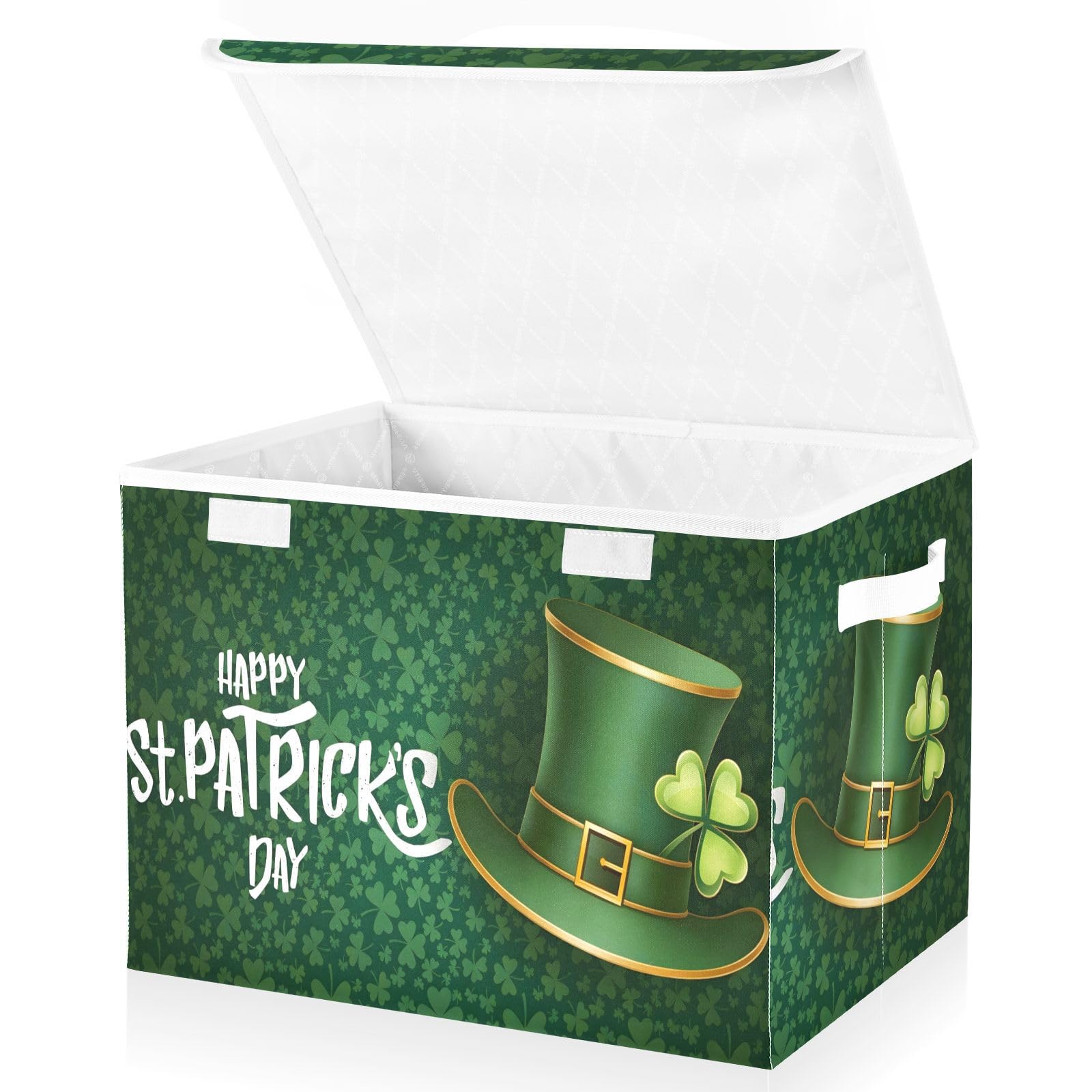 senya St. Patrick's Day Storage Baskets Collapsible Storage Bins with Lids, Saint Patrick's Day and Green Hat on Shamrock Storage Boxes Clothes Baskets for Organizing