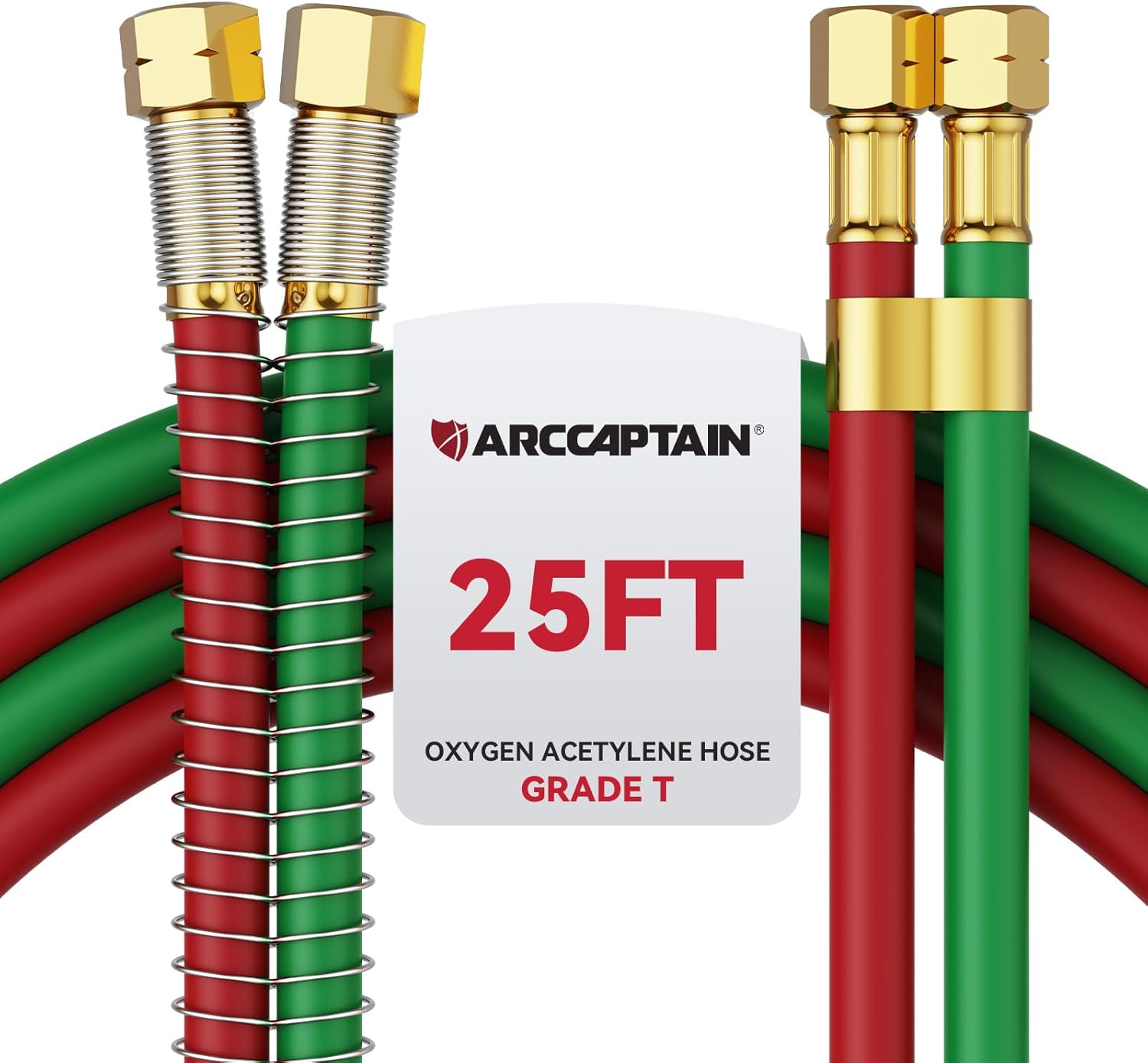 ARCCAPTAIN Grade T Oxygen Acetylene Hose, 1/4" x 25 FT with 9/16"-18 B Fittings and Spring Guards, Welding Torch Hose for Oxy Acetylene Flame Welding and Cutting