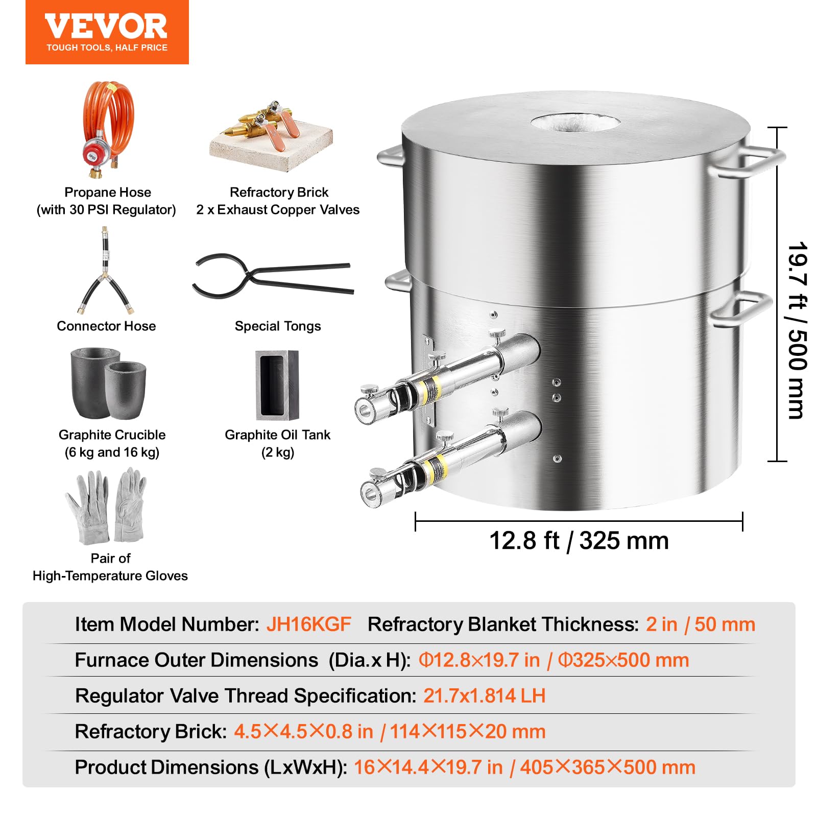 VEVOR Four de Fusion à Gaz 16 kg, Four à Propane Fonderie avec Double Brûleur, Creuset et Pince, Kit de Four de Fusion de Métal Corps en Inox, pour Fondre Or Aluminium Argent Recyclage des Ferrailles