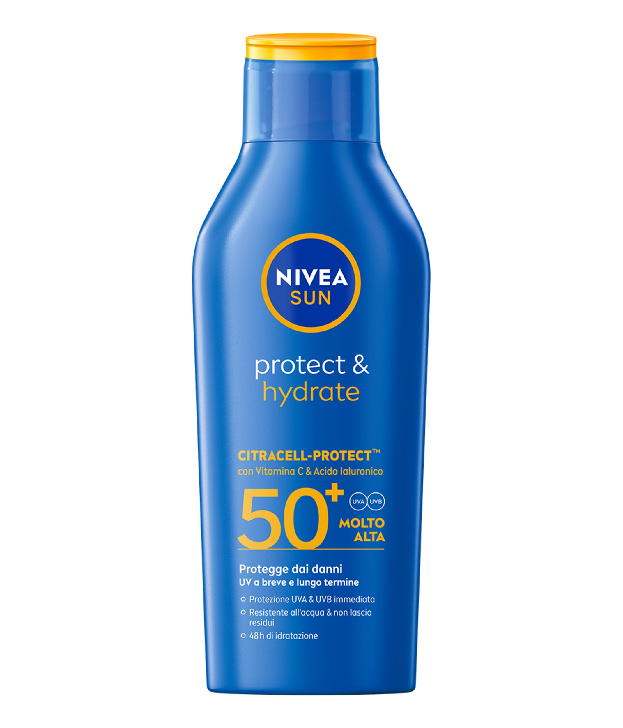 NIVEA SUN Protect & Hydrate SPF 50+ 400 ml, Crema solare 50+ idratante 48h ad assorbimento rapido, Protezione solare 50+ resistente all'acqua arricchita con Vitamina C e Acido Ialuronico