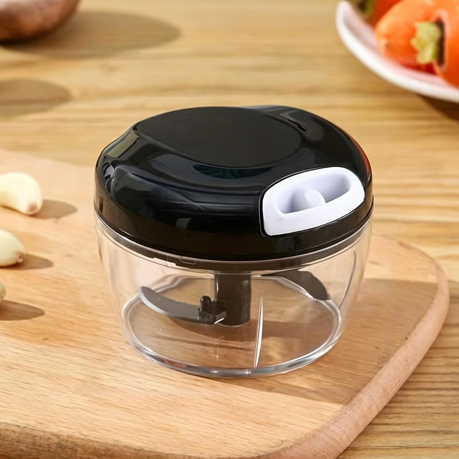 Hand Rope Vegetable Cutter Meat Grinder Garlic Masher, Multifunctional Manual, 170ML, Black