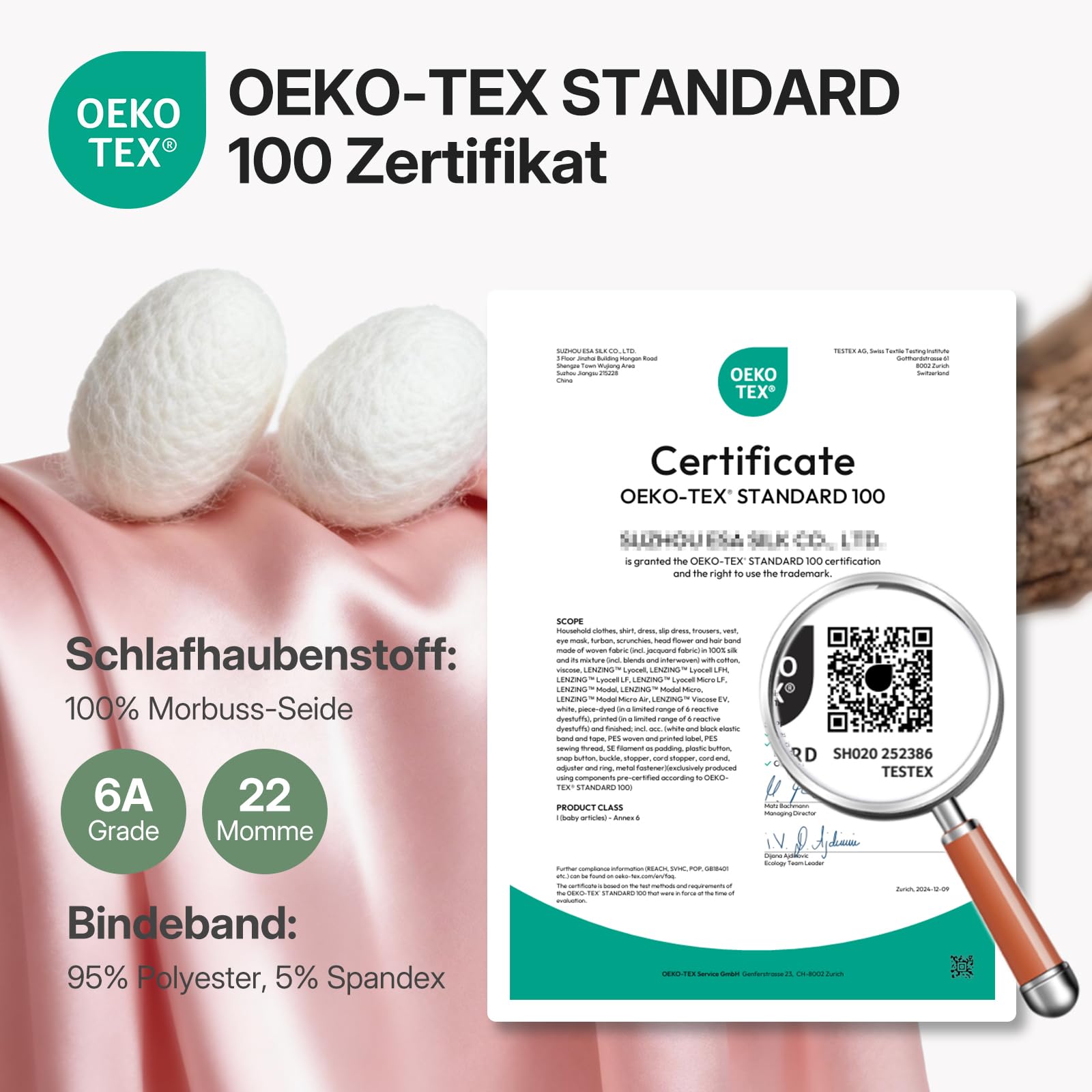 LitBear 22 Momme Seidenhaube zum Schlafen - große doppellagige 100% Silk Bonnet mit verstellbares breites Band, atmungsaktive und Haarschutz mit Seiden-Scrunchie