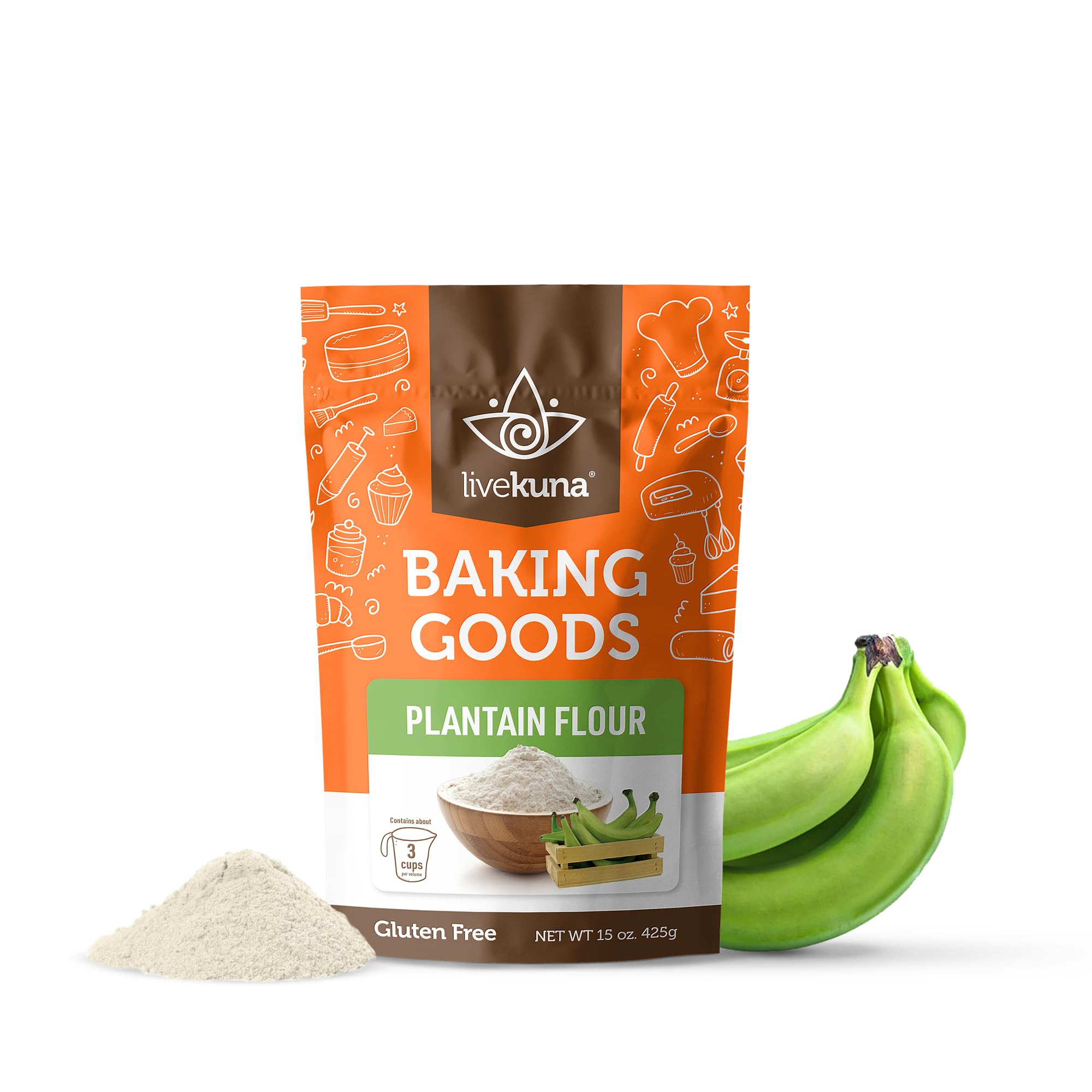 LiveKunaOrganic Plantain Flour - Gluten Free All Purpose Flour Alternative For Baking & Cooking Recipes - Grain Free Vegan Plantain Flour, Rich In Fiber & Vitamins for Keto & Paleo Diets, 15oz Bag