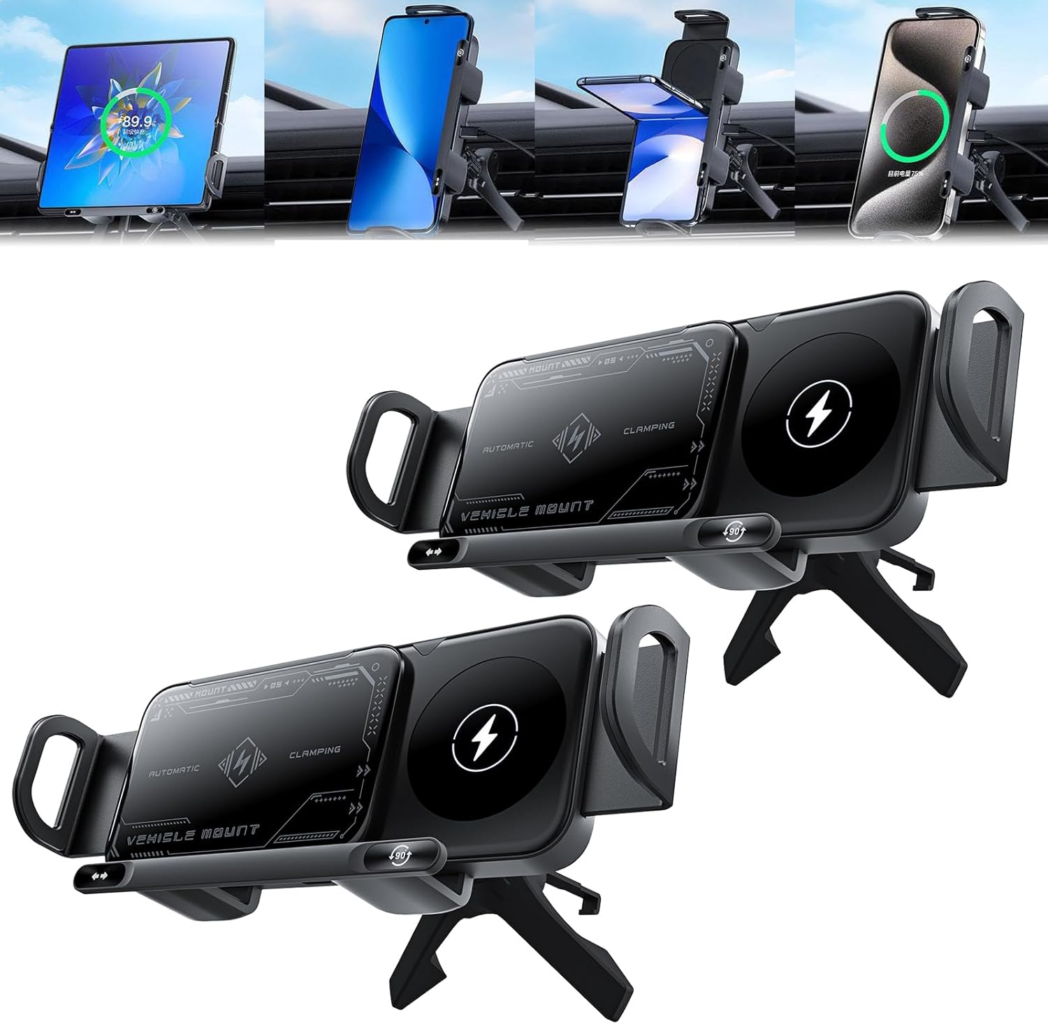 High Intelligent Mobile Phone/Pad Holder,Wireless Car Charger Fast Charging Phone Holder, 2 in 1 Auto Rotating Phone Holder,Compatible with Foldable Phones. (Black)