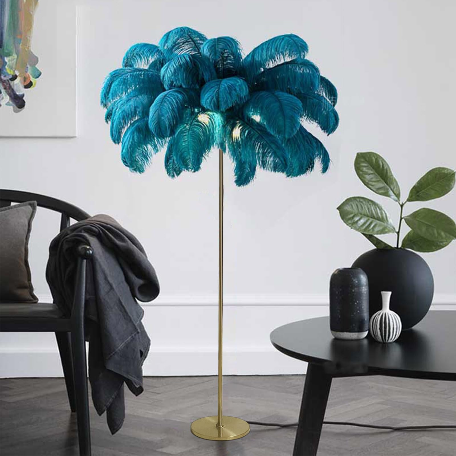 Lampadaire en plumes d'autruche bleu de 63 pouces pour salon élégant