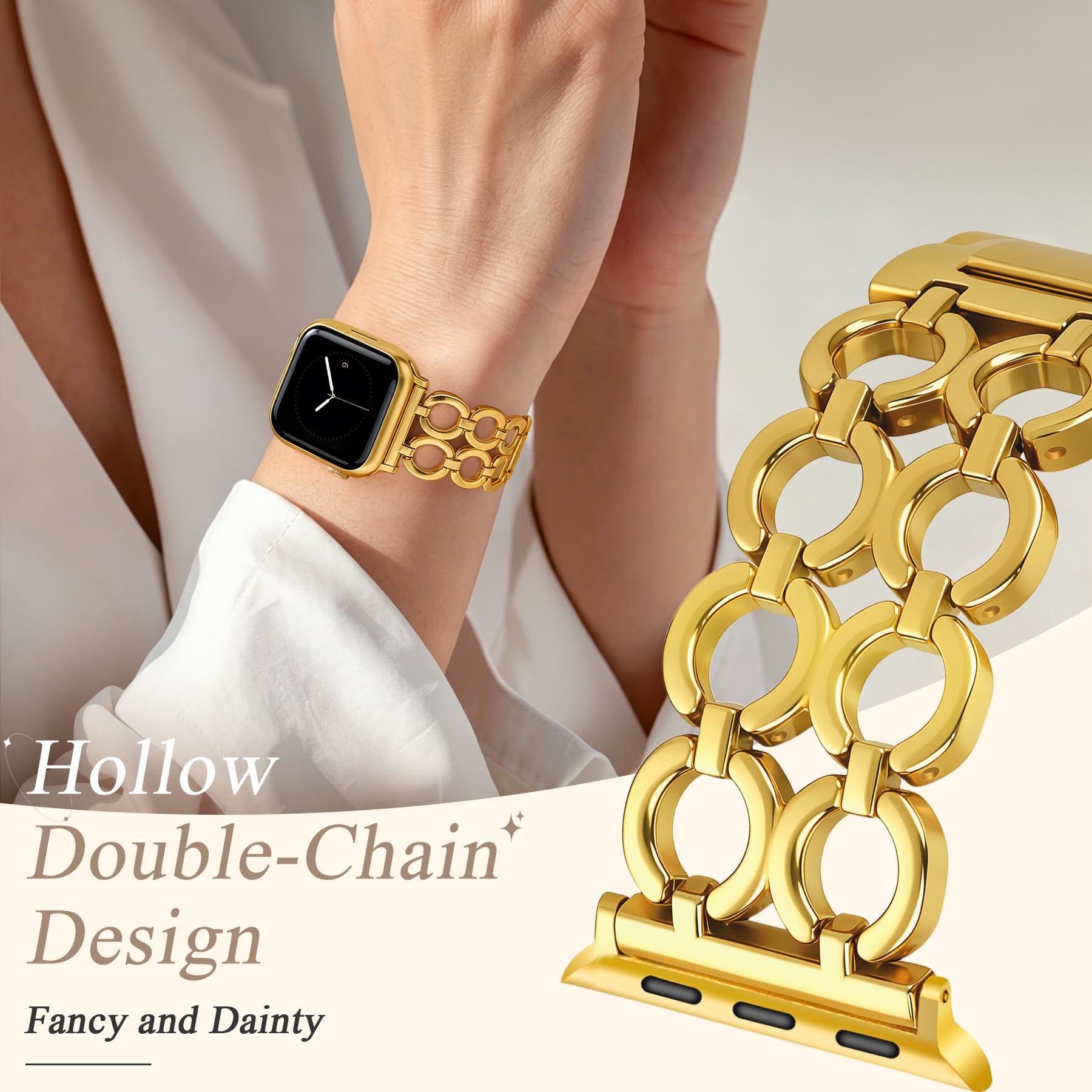 JR.DM Bracelets dorés pour femme compatibles avec Apple Watch 38/40/41/42/44/45/46/49 mm, bracelet habillé réglable en acier inoxydable, double chaîne pour iWatch Series 11/10/9/8/7/6/5/4/3/2/1/SE