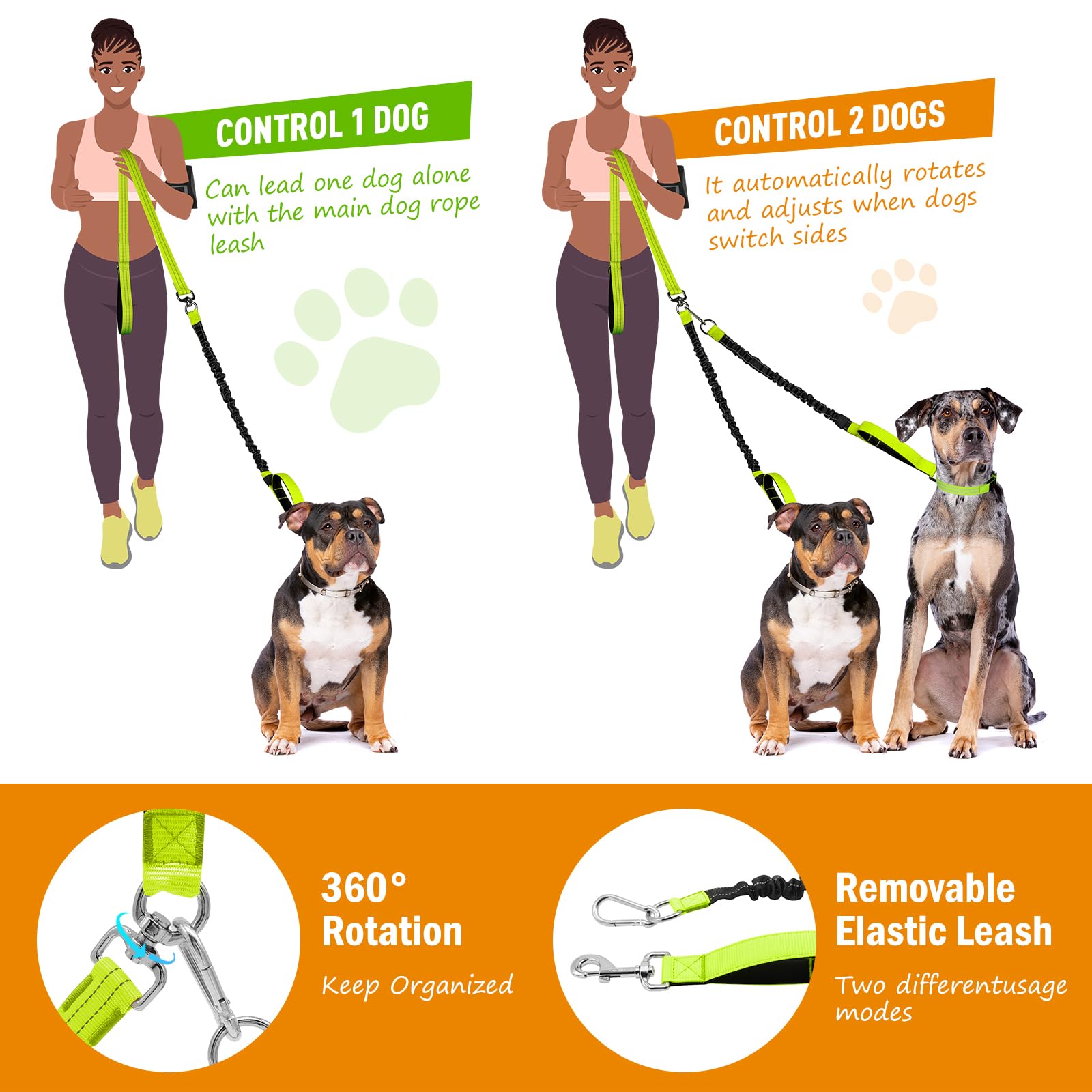 Correa doble LED para perro, correa giratoria de 360° para pasear perros, cómoda correa absorbente de golpes para perro, elástico extraíble reflectante para dos perros