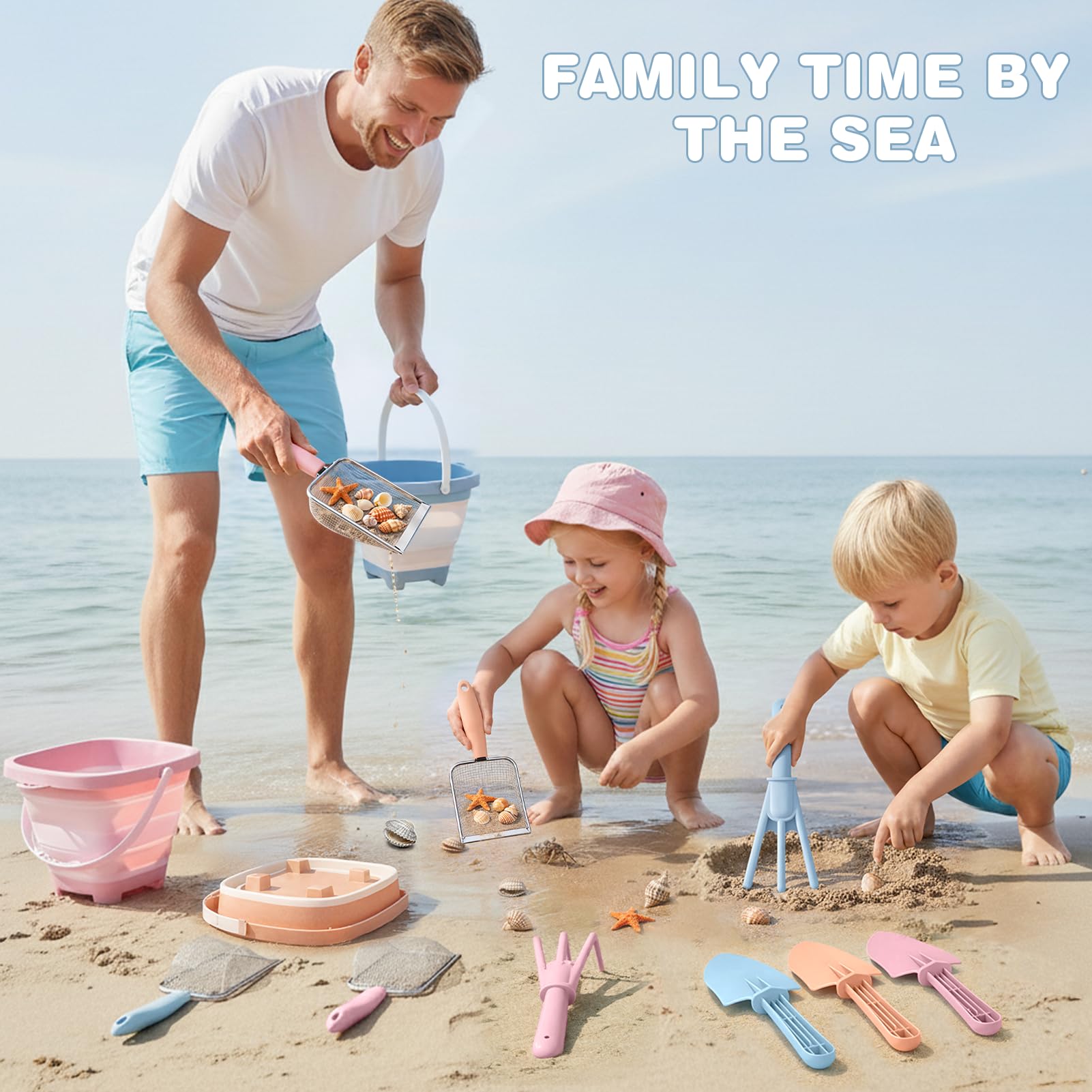 Dreamon Giochi Spiaggia Bambini Set 3 4 5 Anni con Secchiello Spiaggia Bambini Pieghevole Sacco a Rete Setaccio per La Sabbia Pala e Rastrello Giocattoli Regalo Esterno per Bambini e Bambine