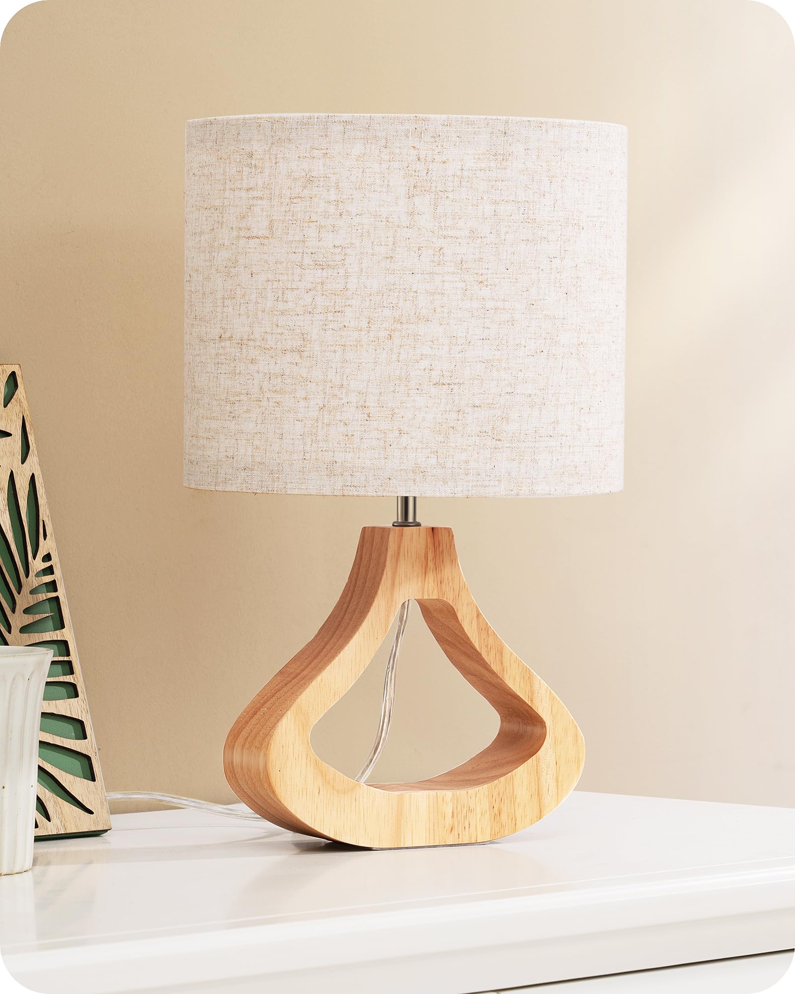 EDISHINE Nachttischlampe aus Holz, Tischlampe mit E27 Leuchtmittlel, Lampenschirm aus Leinen, mit Kabel, Moderne Beige Tischleuchte Vintage für Wohnzimmer, Schlafzimmer, Landhausstil [Energieklasse F]