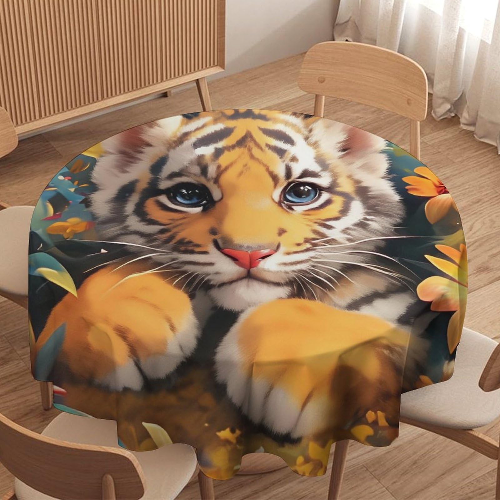 ORDOBO Round Table Cover -Flower Tiger Print Home Table Cover For Dinner Kitchen Holiday Outdoors Protect Table Waterproof Dust-Proof Decoration 127X127Cm