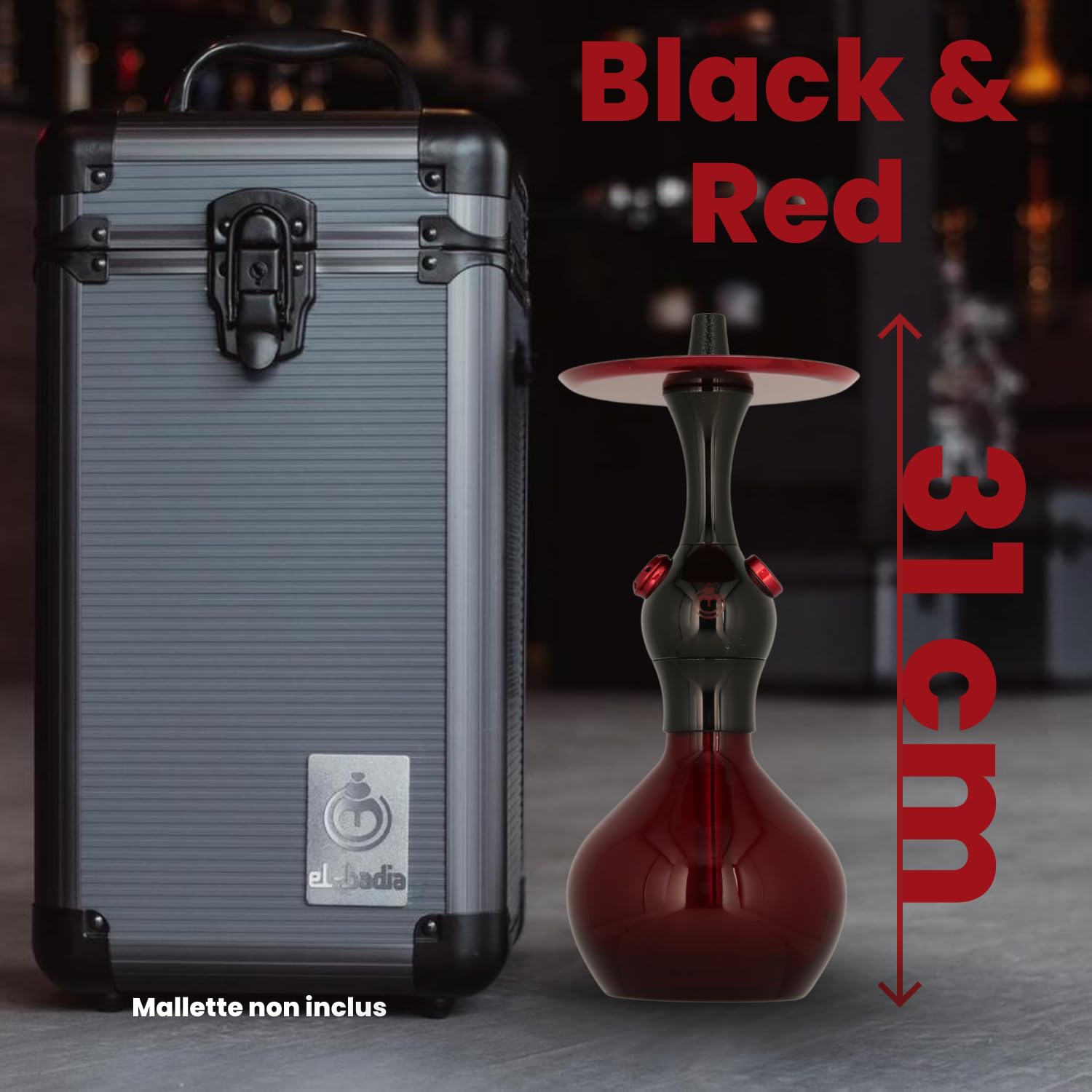 EL-BADIA C1 V2 Shisha 31cm – Kompakte & Moderne Hookah mit Aluminium-Säule, Click-Glasbowl, Phunnel-Kopf, Waschbarem Schlauch & Griff – Wasserpfeife im Ultra Modern Style (Black & Red)