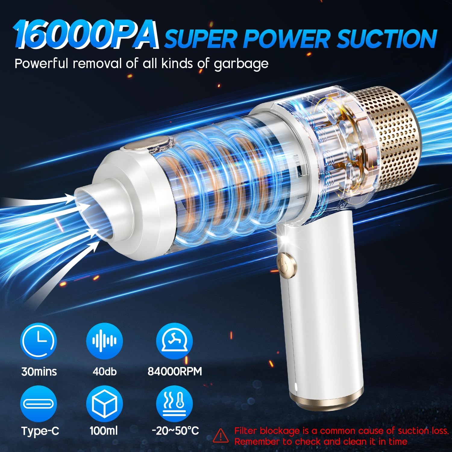 JONYJ Handheld Car Vacuum Cleaner, 16000PA Hand Held Vacuum Portable Cordless, 2 in 1 Air Duster and Vacuum Cleaner with LED Light, Multi-Nozzles, 120W High Power Mini Vacuum for Home, Pet, Office