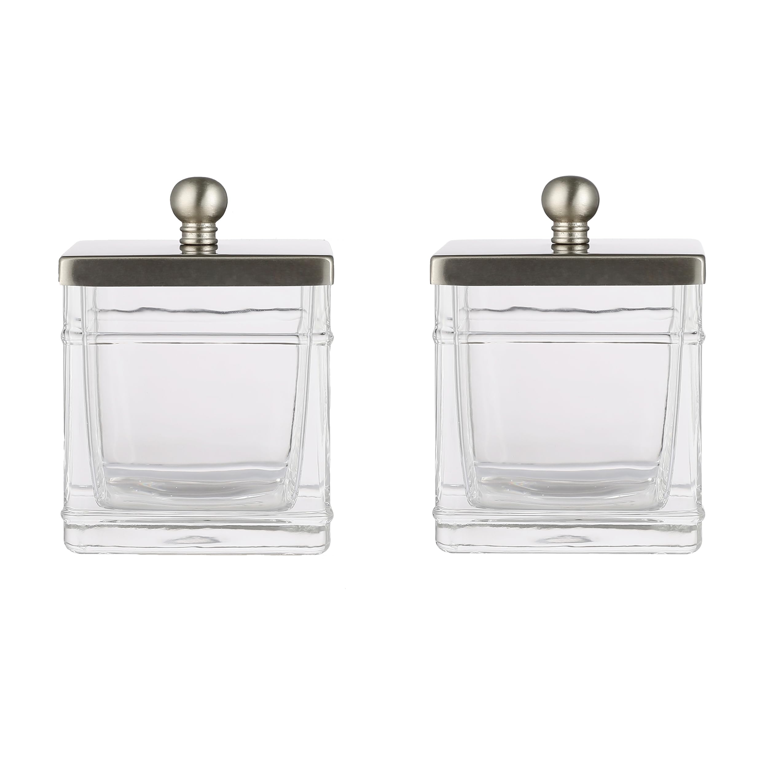 Glass Cotton Jar Holder 2 Pack Satin Nickel Lid Elegant Bathroom Storage Canister for Qtips Cotton Balls Floss