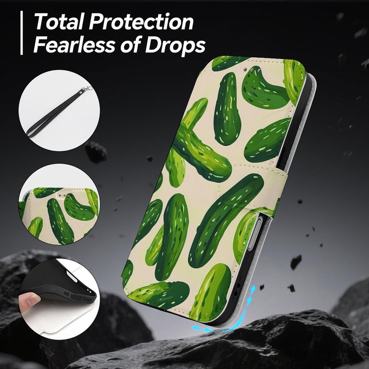 Cute Funny Cucumber Pickle Compatible with iPhone 16/16 Plus/16 Pro/16 Pro Max/16 E Case Phone Wallet Card Holder Flip Cover with Wrist Strap