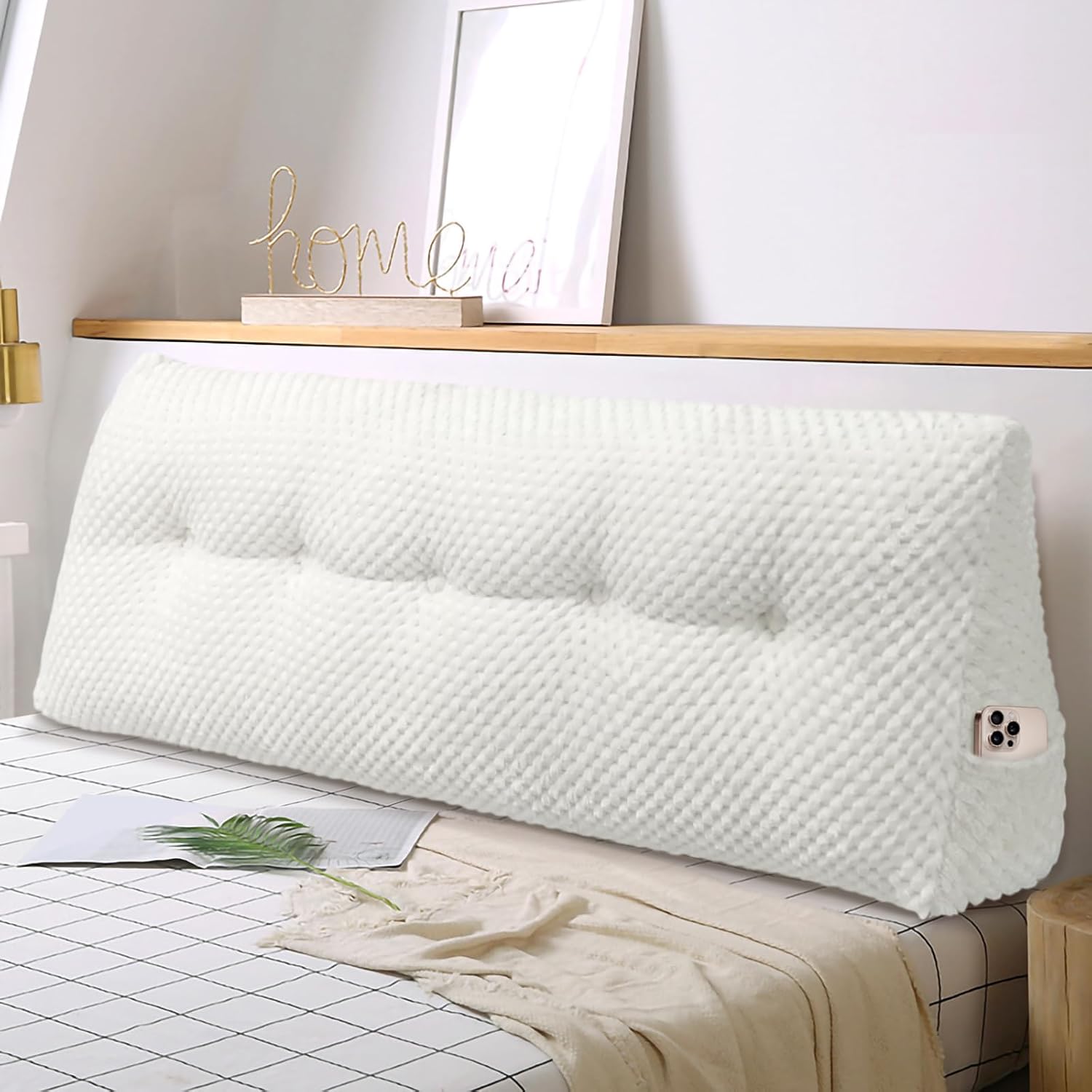 Large Triangular Headboard Wedge Pillow Soft and Supportive Headboard Backrest Positioning Support Bolster Cushion, Bed Wedge Pillow with Removable Cover(White,Cal King,71x8x20inch)