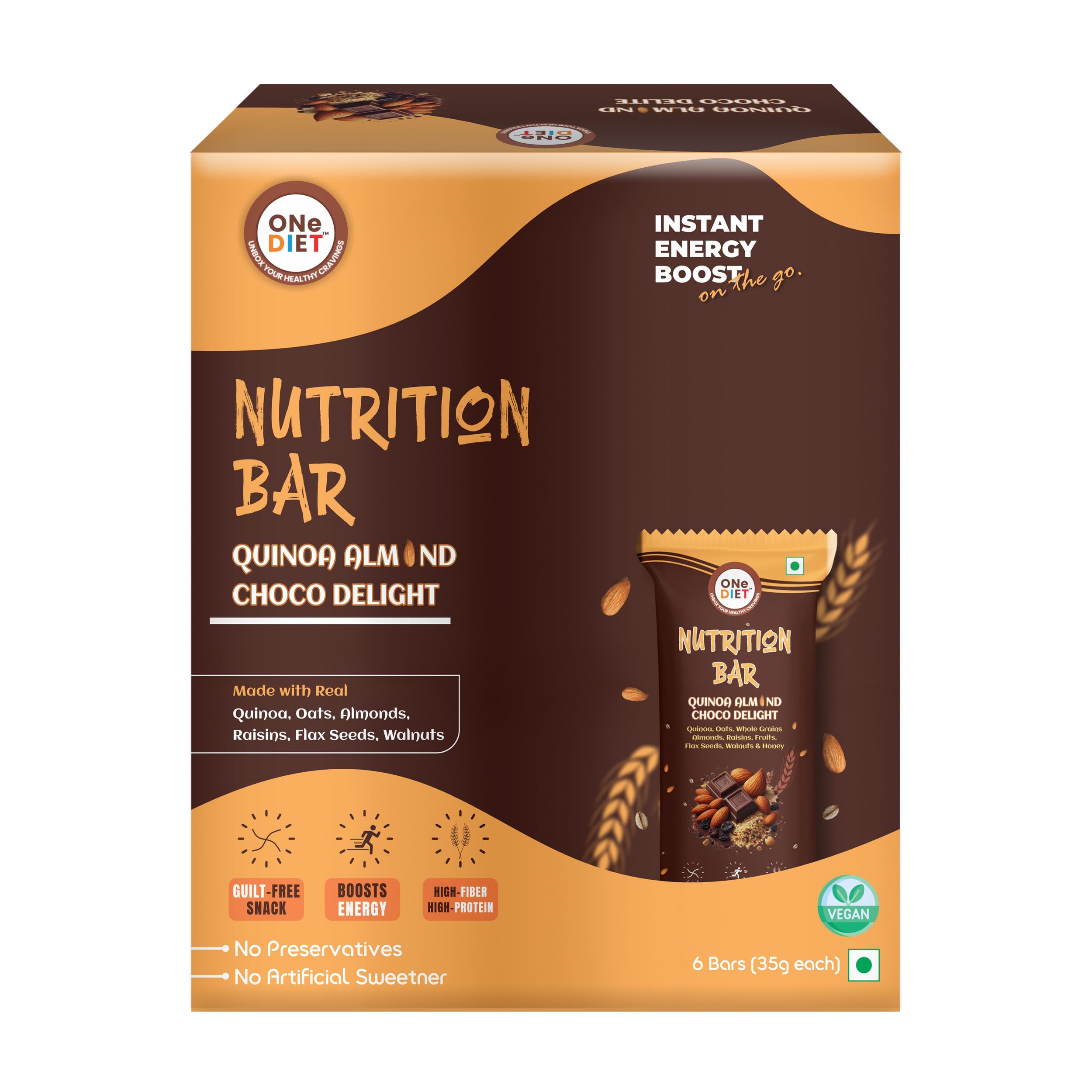 OneDiet Quinoa Almond Choco Delight Nutrition Bars with Oats, Raisins, Dates, Walnuts & Flaxseeds|Rich in Iron, Fiber & Vitamins |Boosts Energy|No Cholesterol & Trans Fat |Energy Bar, 35g (Pack of 6) (B0D48SW7N6) Amazon Price History, Amazon Price Tracker