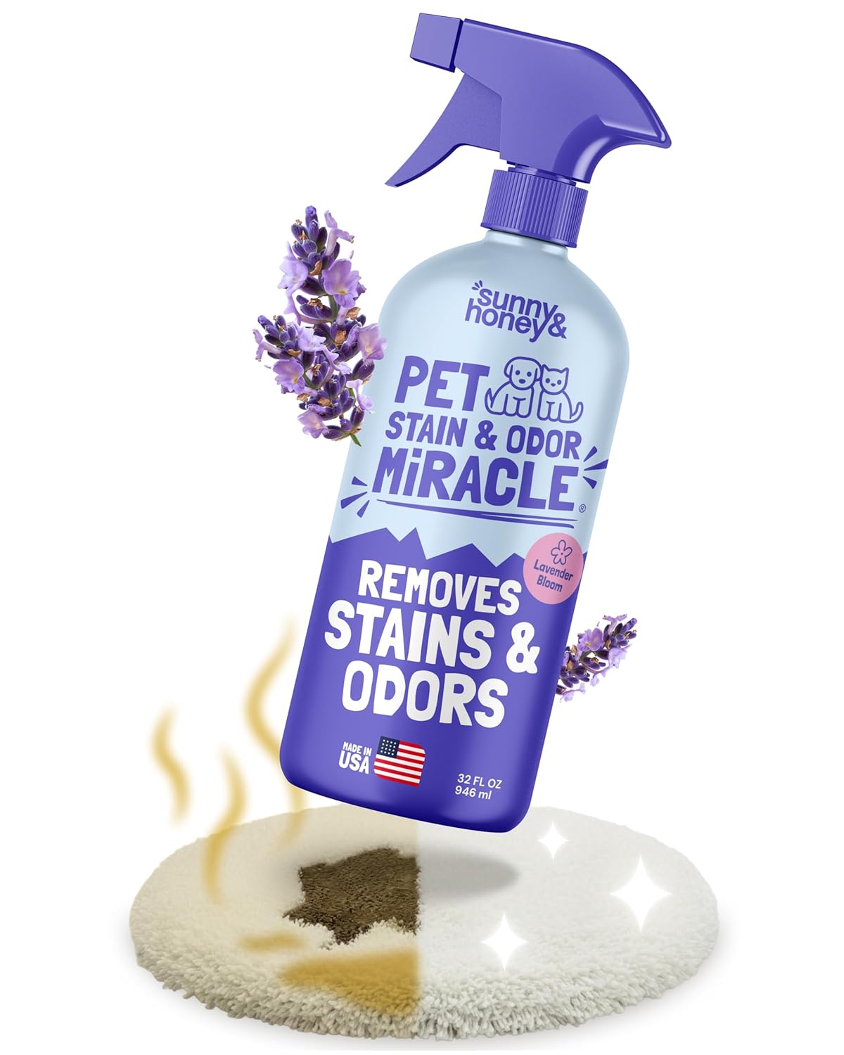 Sunny Honey Pet Stain Odor Miracle - Fast Acting Carpet Stain Remover Urine Odor Eliminator - Enzyme Upholstery