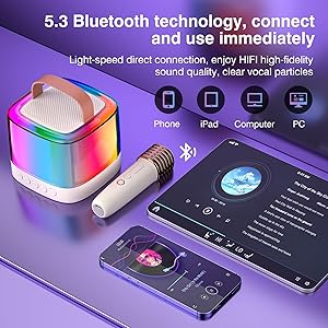 TAEMVV Mini Karaoke Machine for Kids with 2 Wireless Microphones, Portable Bluetooth Speaker & LED Lights, Birthday Gift Toy for Girls and Boys Ages 312+ (Beige)