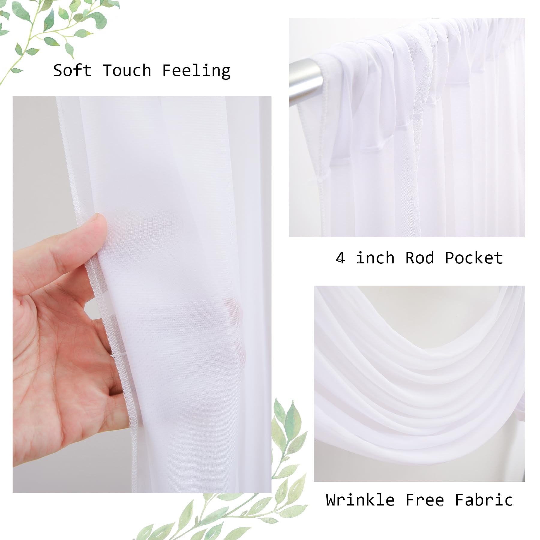 Wish Care Chiffon-Vorhang, faltenfrei, durchsichtig, für Hochzeitszeremonie, Party, Heimdekoration, Weiß, 12,7 x 25,4 cm, 3 Stück, Weiß, 6 Bahnen