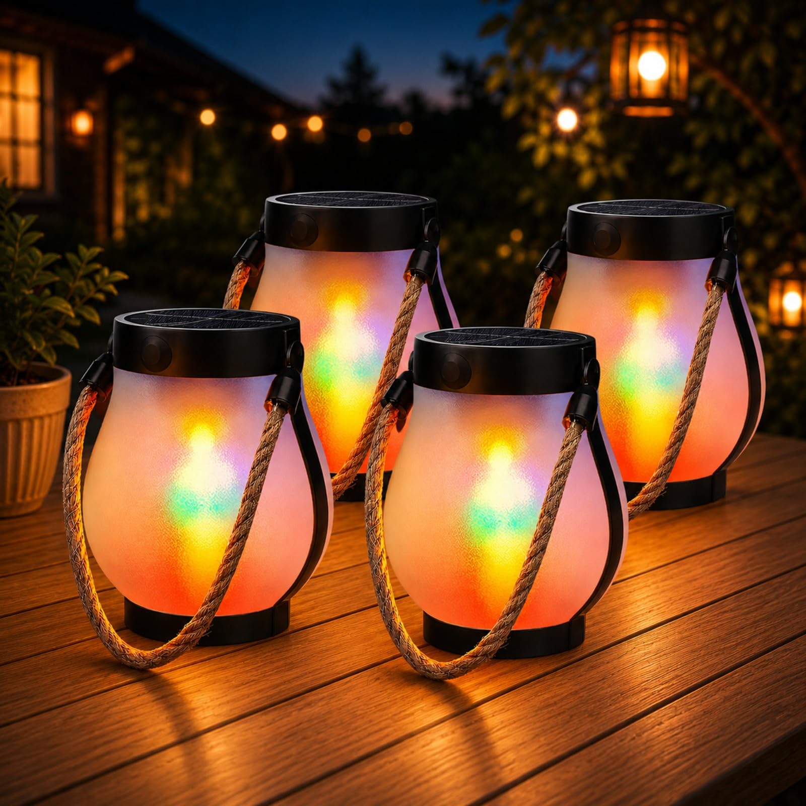 Solar Flame Lantern Outdoor Lights, Waterproof Hanging Lantern with Dancing Flickering Flame, Decorative Garden Light for Patio, Yard, Pathway & Outside Decor (Rainbow (4-Piece Set))